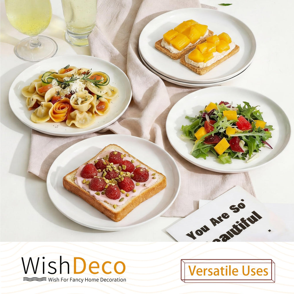 WishDeco White Dinner Plates Set of 4, Ceramic Dining Plates 10.5 inch, Large Salad Plate, Porcelain Kitchen Plate for Pizza, Steak, Microwave and Dishwasher Safe