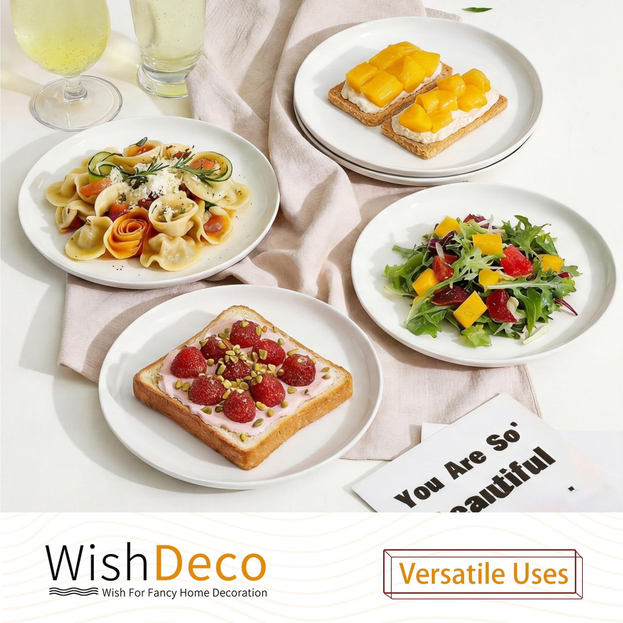 WishDeco White Dinner Plates Set of 4, Ceramic Dining Plates 10.5 inch, Large Salad Plate, Porcelain Kitchen Plate for Pizza, Steak, Microwave and Dishwasher Safe