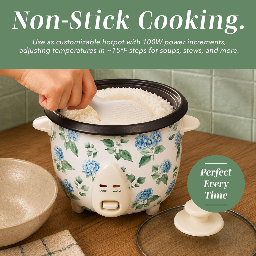 COOK WITH COLOR 6 Cup Rice Cooker 300W - Effortless Cooking and Perfectly, Cooks 3 Cups of Raw Rice for 6 Cups of Cooked Rice, Floral Blue