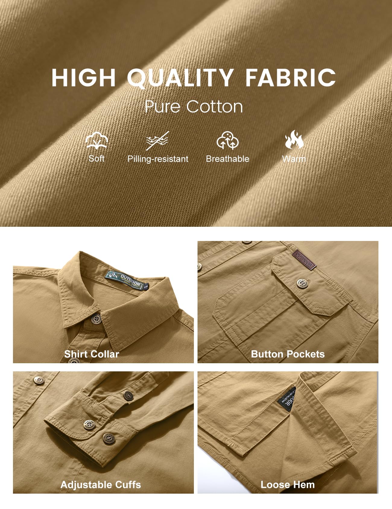 Eisctnd Men's Long Sleeve Cotton Work Shirt Casual Loose Fit Button Down Shirts with 2-Pocket for Outdoor Safari