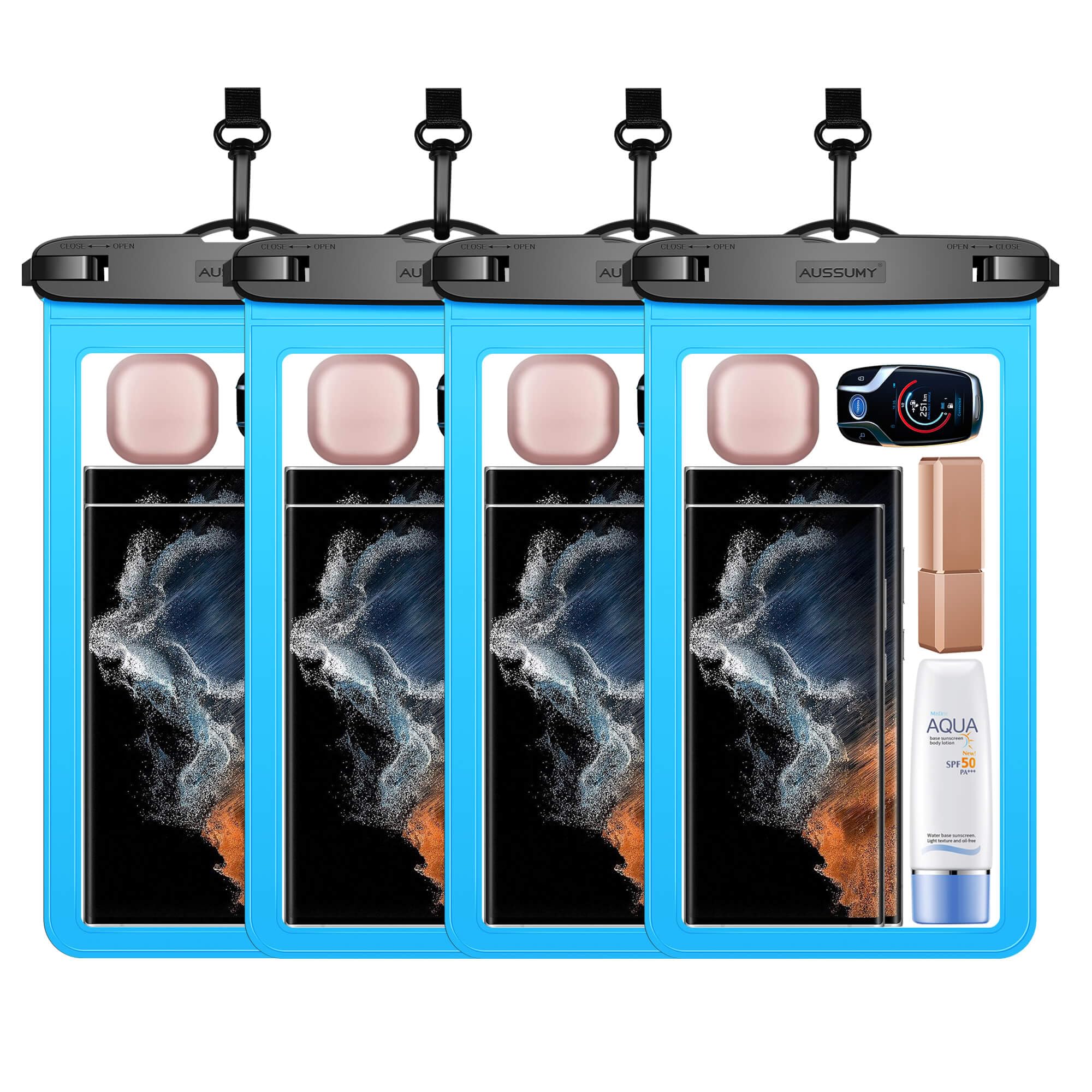4 Pack 10.5“ Large Waterproof Phone Pouch - Underwater Clear Cell Holder - Universal Water Proof Dry Bag with Neck Lanyard for iPhone 16 Pro Max Samsung Galaxy with Heavy Case for Beach Swimming Pool