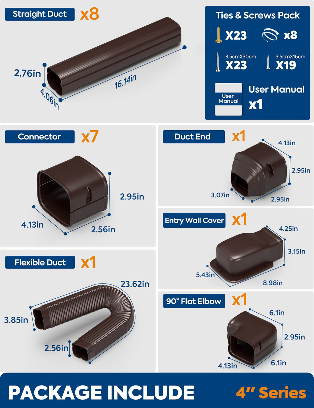 3'' x 9Ft Mini Split Line Set Cover with Flexible Duct, Upgrade PP Decorative Minisplit Lineset Cover Kit, Line Hide for Mini Split, Air Conditioner, Central AC, HVAC and Heat Pumps, Brown