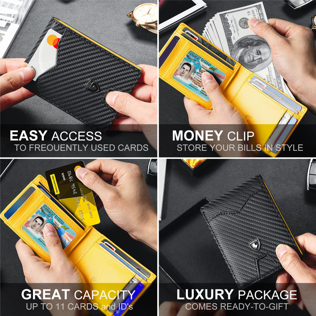 GSOIAX Slim Wallet for Men Rfid Blocking Leather Bifold Front Pocket Carbon Fiber Men's Money Clips Credit Card Holder With Gift Box