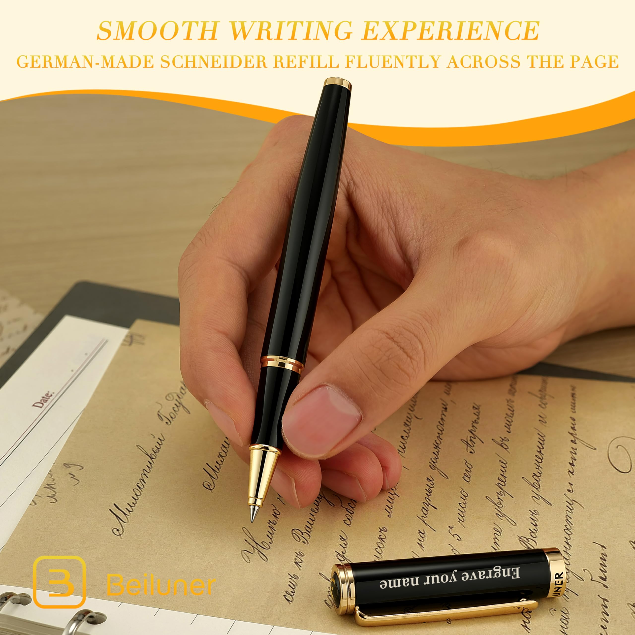 BEILUNER Luxury Rollerball Pen,24K Gold Trim,Noble and Elegant Designs,Schneider Ink Refill, Best Roller Ball Pen Gift Set for Men & Women, Professional, Executive Office, Nice Pens