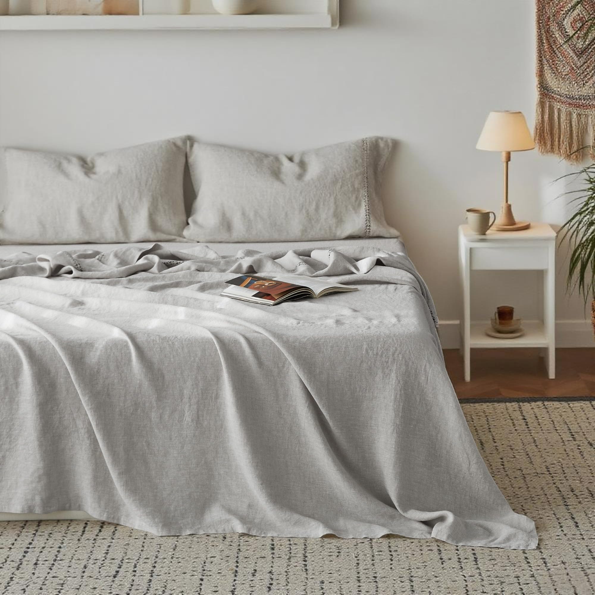 Simple&Opulence 100% Pure Linen Sheet Set Twin Size, Natural French Flax Solid Color 3 Pcs Washed Breathable, Farmhouse Bedding (1 Flat Sheet,1 Fitted Sheet,1 Pillowcase)-Embroidery Dark Grey