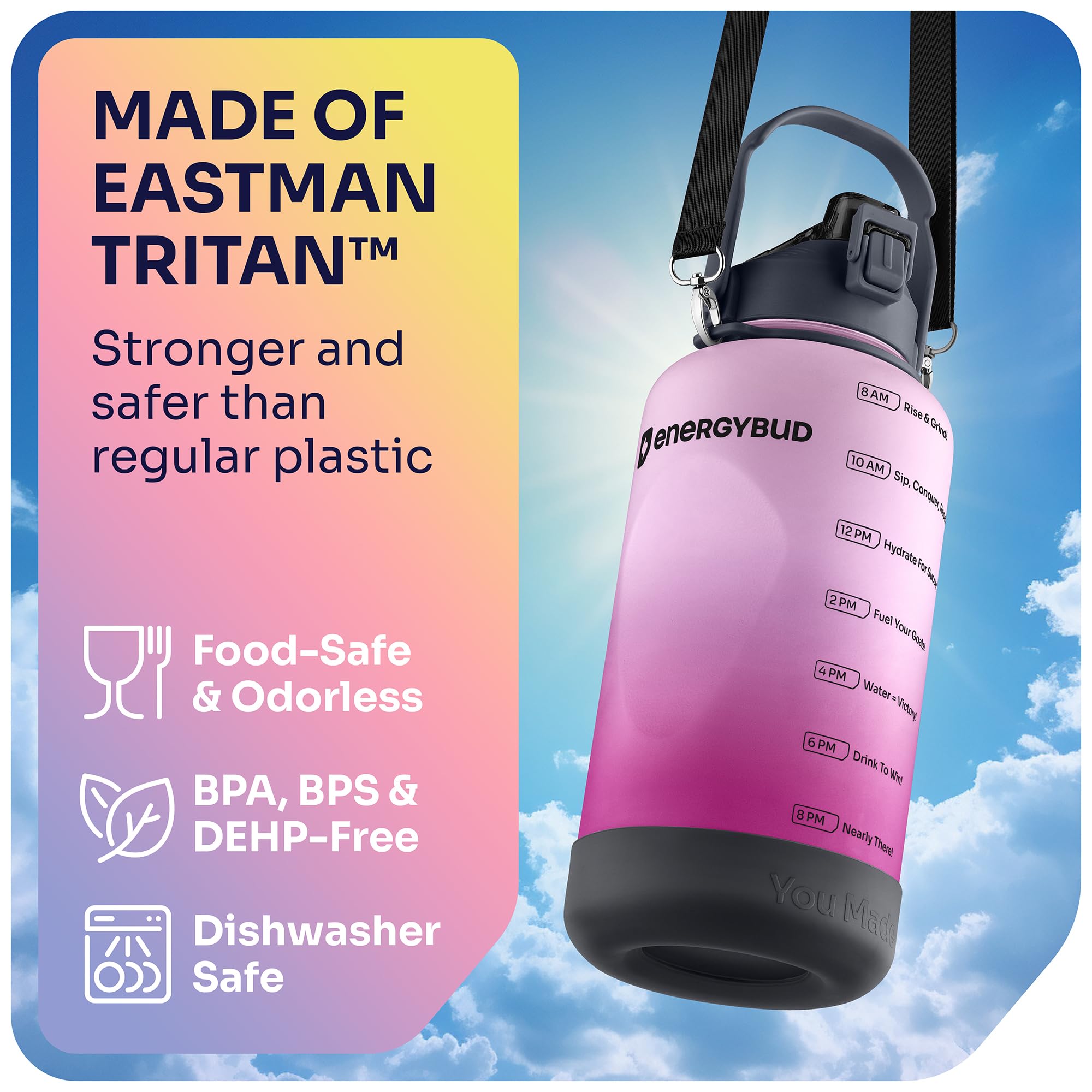 1/2 Gallon Water Bottle with 74.3 oz Capacity - Motivational Time Markers for Daily Hydration Goals - Leakproof BPA Free Tritan with Removable Straw