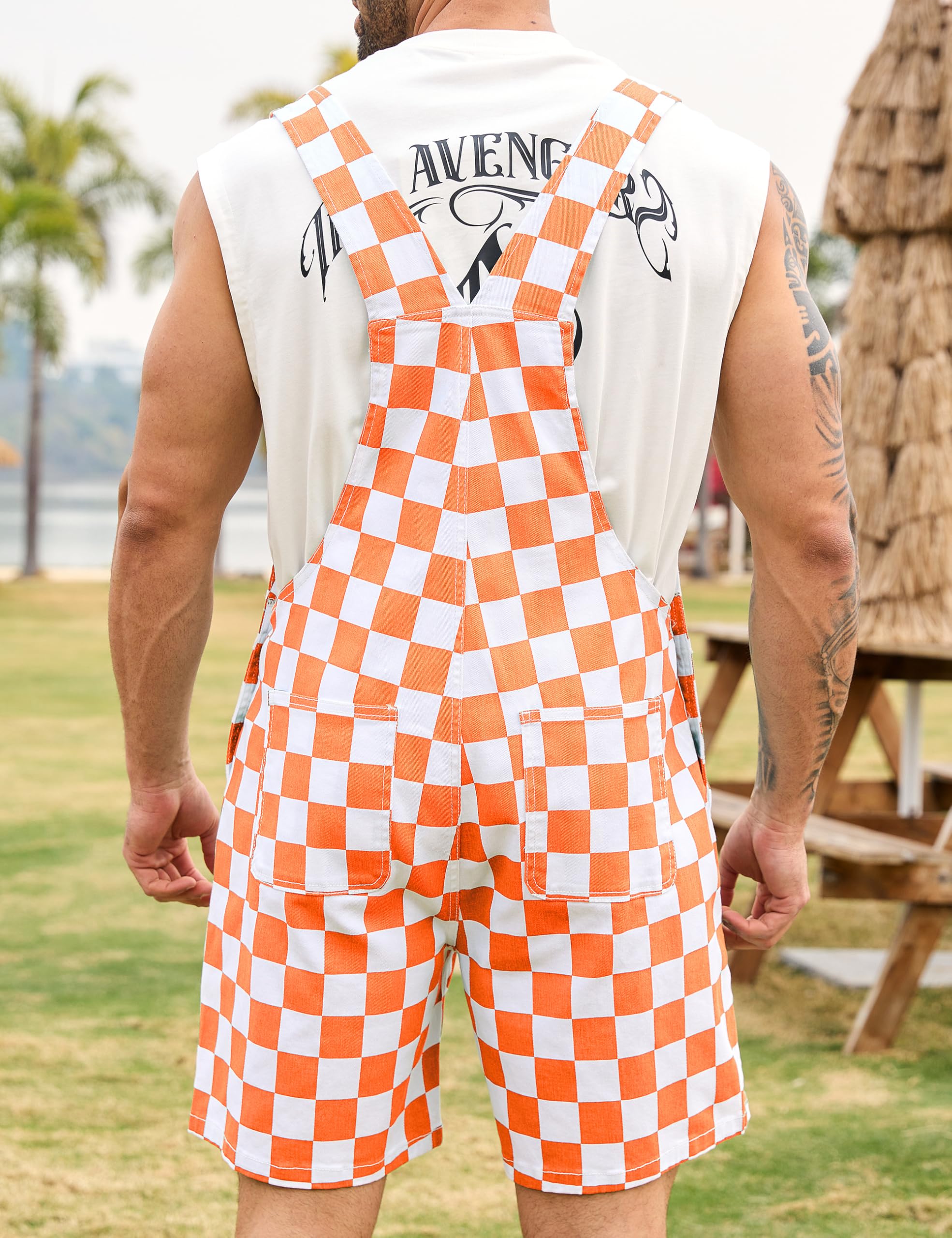 Odefou Checkered Bib Overalls for Men Jumpsuit Shorts Work Coveralls