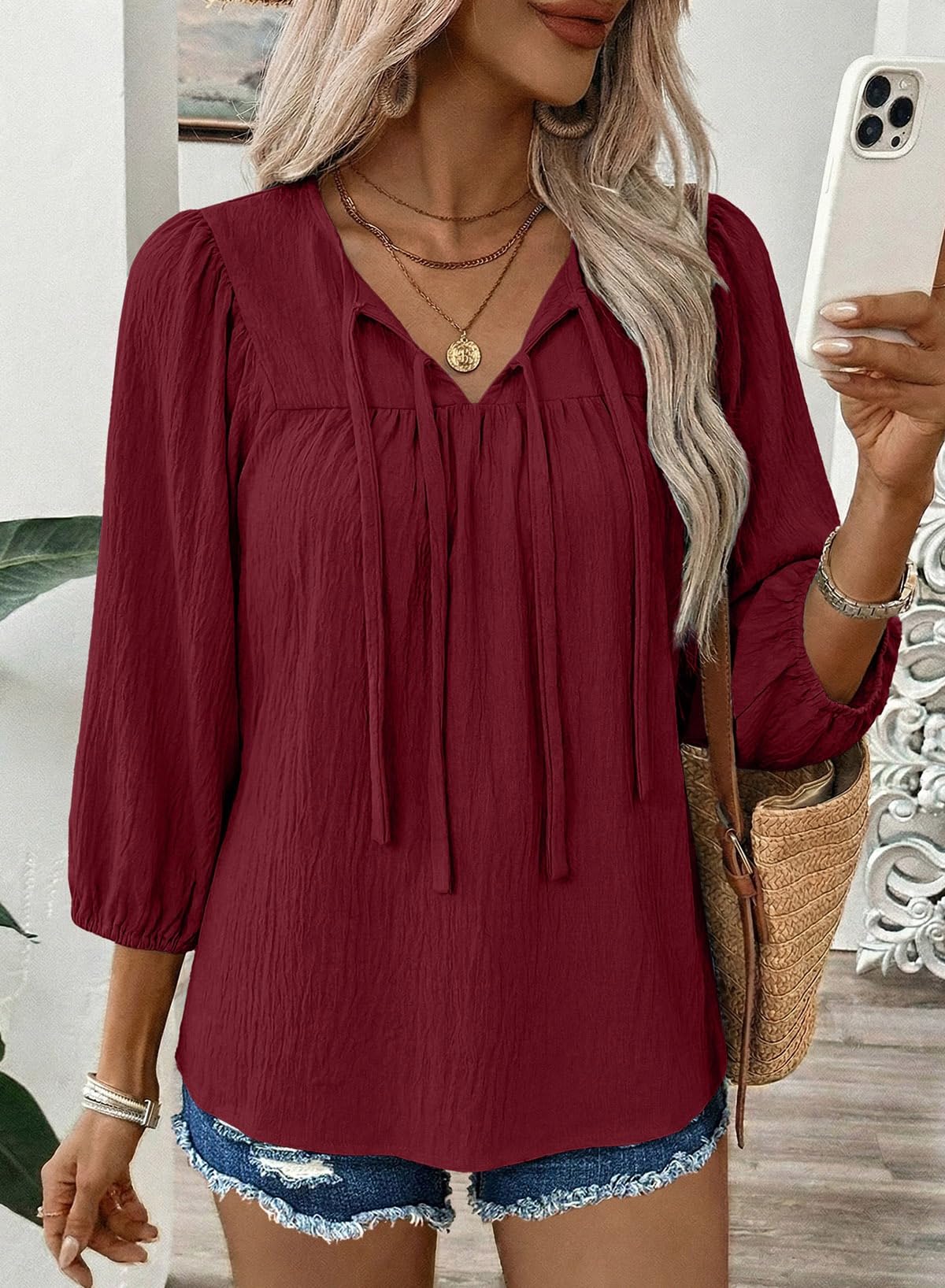 SHEWIN Womens Tops 3/4 Sleeves Blouse Babydoll Dressy Casual Top Elegant Bow Tie Loose Ladies Shirts 2026
