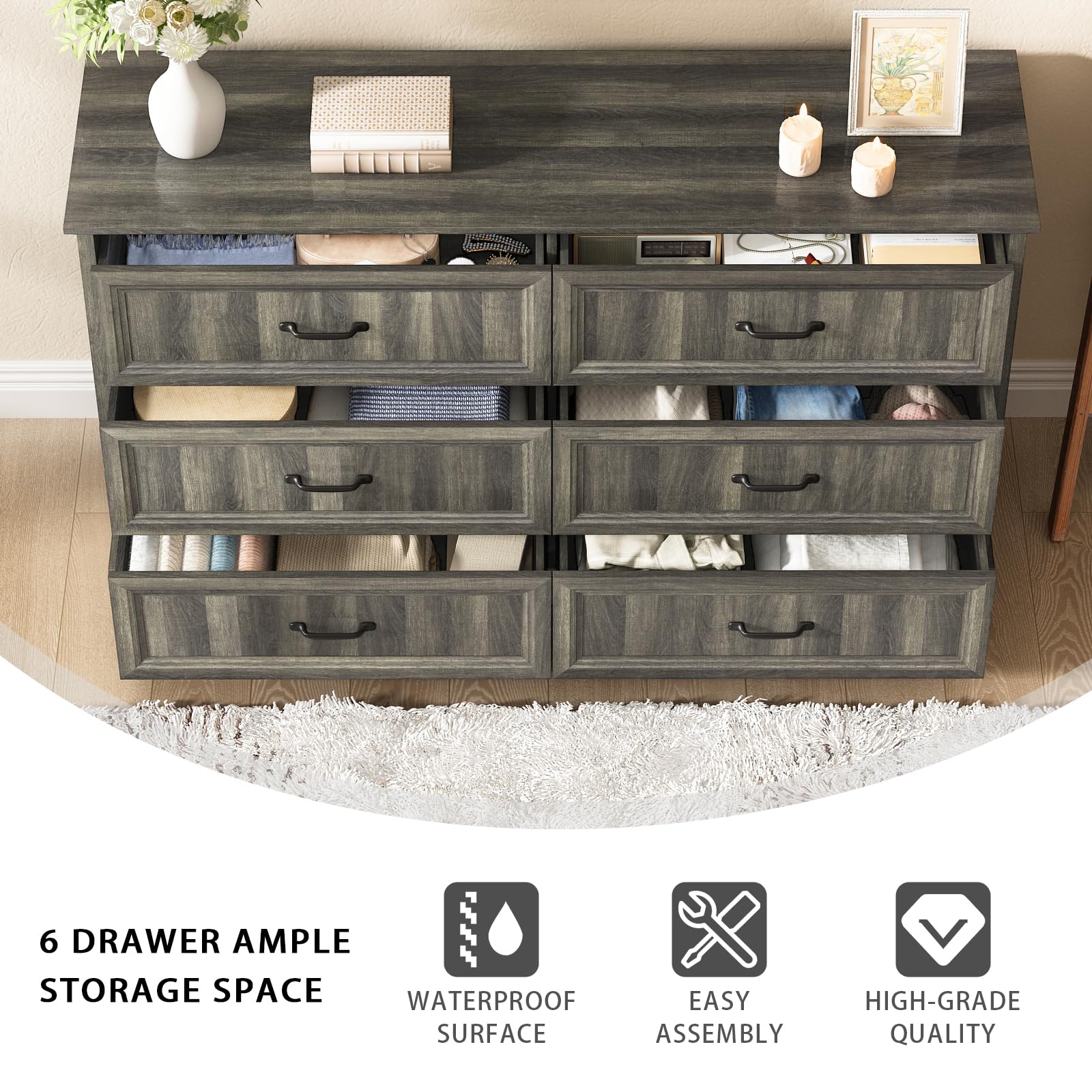 Farmhouse 5 Drawers Dresser for Bedroom, 44" Tall Brown dresser Wood Rustic Chest of Drawers with Wide Metal Handle,Natural Texture,Drawer Organizer for Bedroom,Living Room,Hallway and Entryway