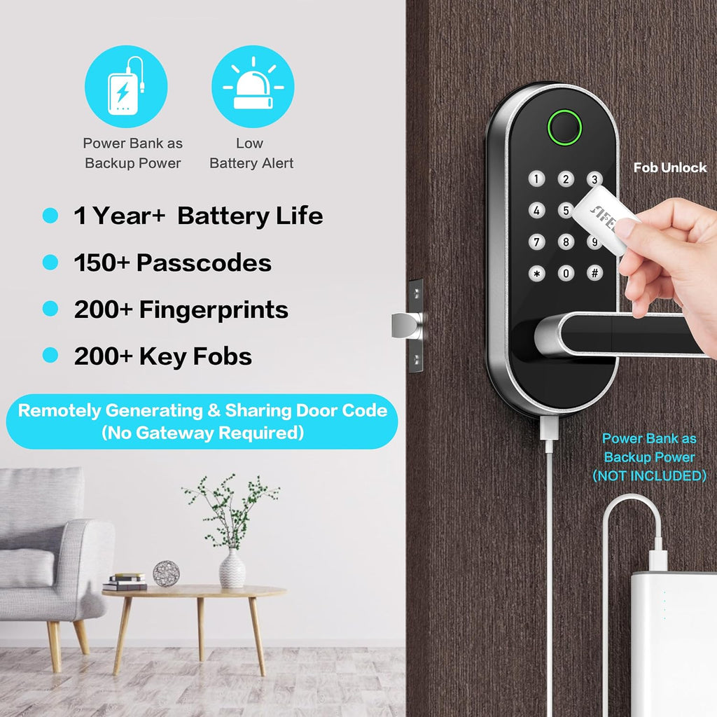 Fingerprint Smart Door Lock with Handle & Keypad – No More Lost Keys, Keyless Entry & Remote Access for Home, Kids, Airbnb & Rental Property, DIY Install, Alexa & Google Compatible