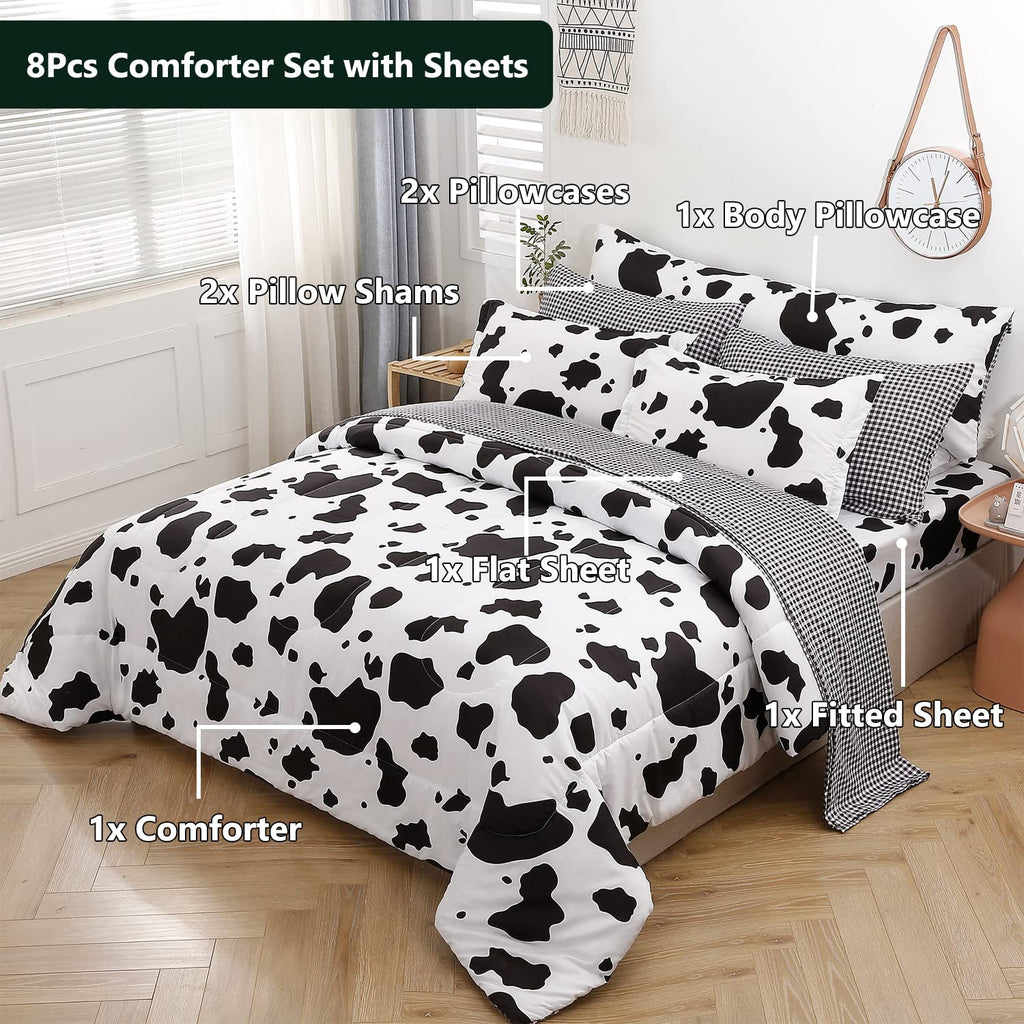 SUCSES Full Size Comforter Set with Sheets 8 Piece Cow Print Bedding Set for Boys Girls Black and White Kids Bed-in-A-Bag Farmhouse Rustic Bed Set for Bedroom (Milk Cow, Full)