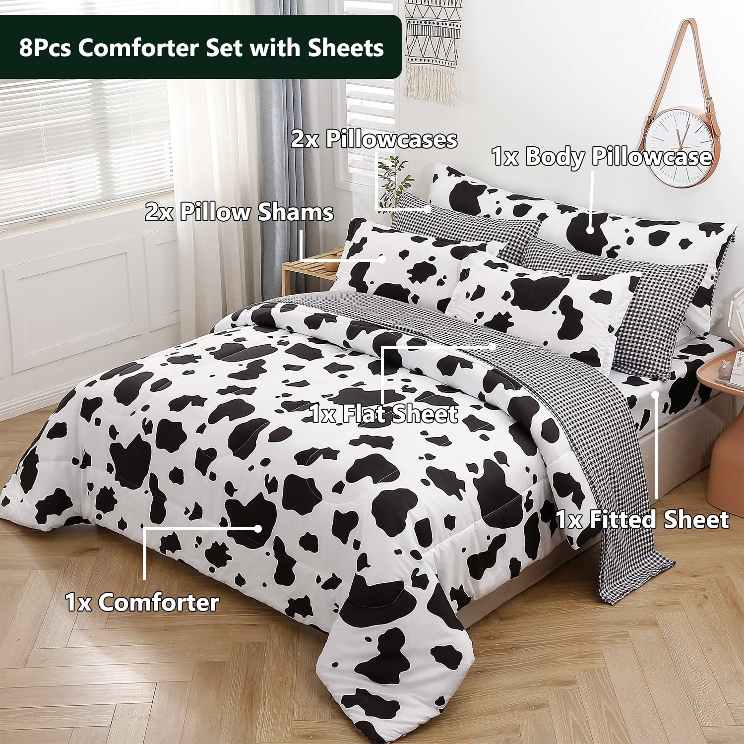 SUCSES Full Size Comforter Set with Sheets 8 Piece Cow Print Bedding Set for Boys Girls Black and White Kids Bed-in-A-Bag Farmhouse Rustic Bed Set for Bedroom (Milk Cow, Full)