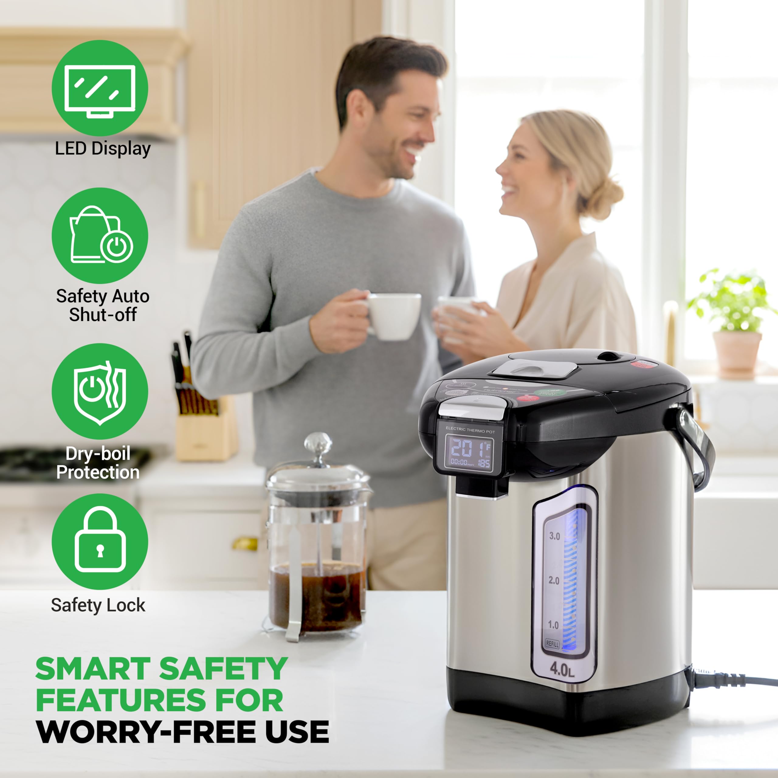 NutriChef Digital Water Boiler and Warmer - 3L/3.17 Qt Stainless Electric Hot Water Dispenser w/ LCD Display, Rotating Base, Keep Warm, Auto Shut Off, Safety Lock, Instant Heating for Coffee & Tea