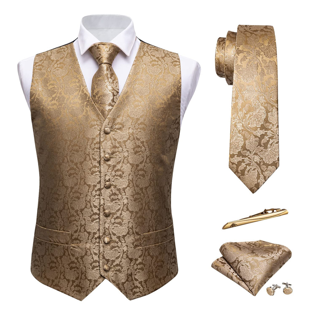 Barry.Wang Men's Suit Vest Formal/Leisure Paisley Jacquard Silk Tie Pocket Square Waistcoat Set Wedding 5PCS