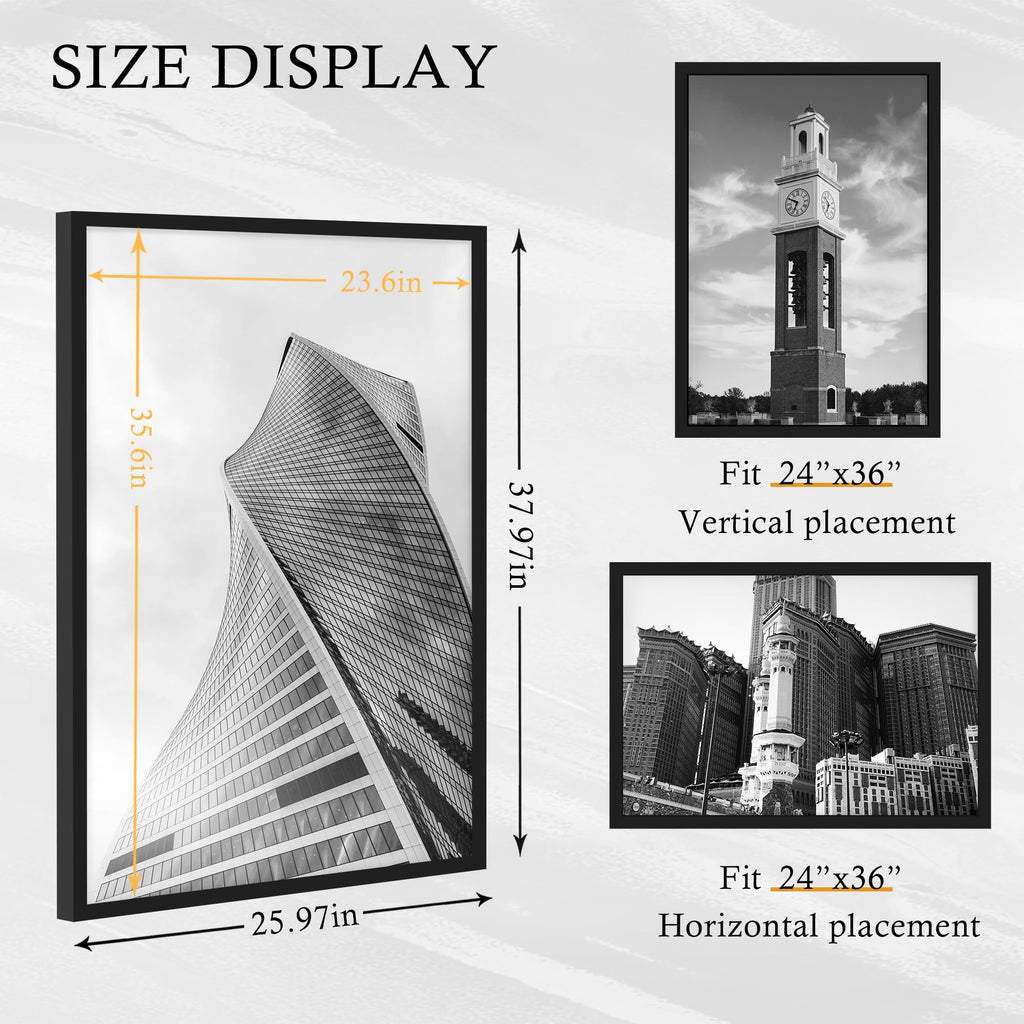16x24 Black Frame 2 Pack, Engineered Wood for 24 x 16 in Poster | Horizontal or Vertical Wall Mounting, 24x16 Poster Frames for Gallery, Office, and Home Decor