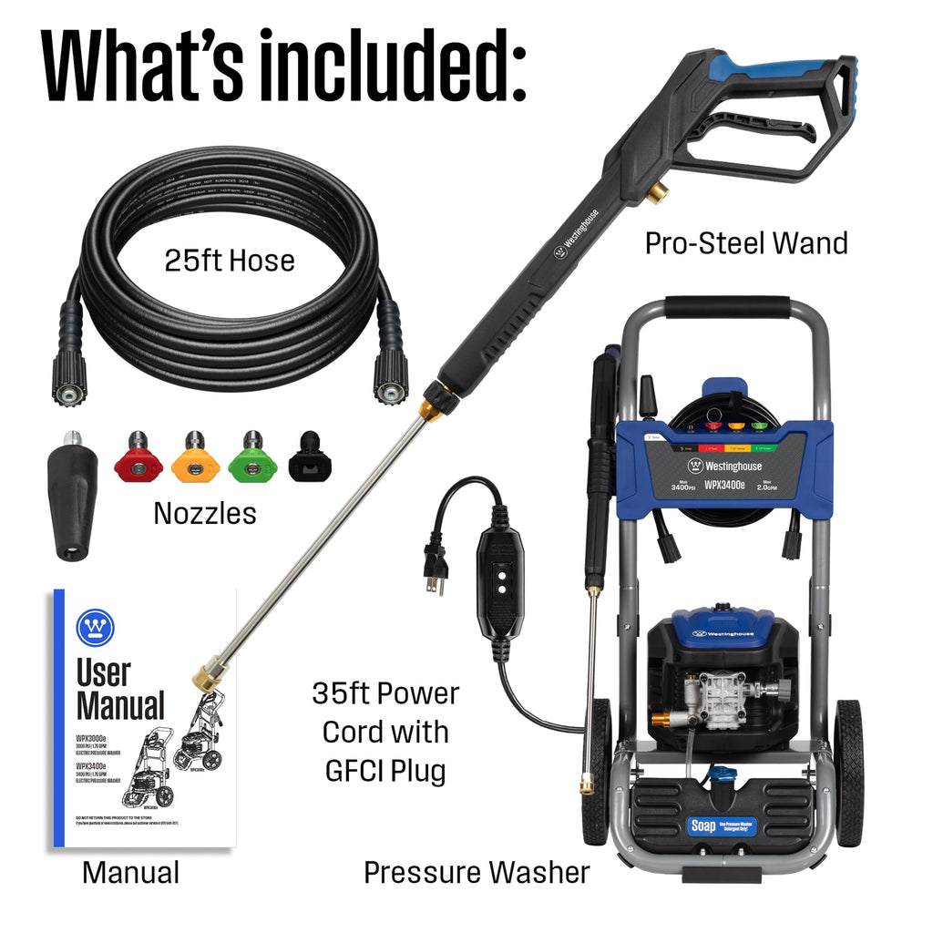 Westinghouse WPX2300e Electric Pressure Washer, 2300 Max PSI and 1.76 Max GPM, Induction Motor, Onboard Soap Tank, Spray Gun and Wand, 5 Nozzle Set, for Cars/Fences/Driveways/Homes/Patios/Furniture