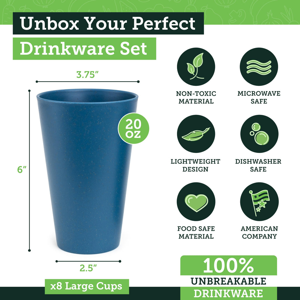 Grow Forward Premium Wheat Straw Cups - 13 & 20 oz Unbreakable BPA Free Hard Plastic Cups - Reusable Lightweight Plastic Drinking Glasses for Kitchen, Outdoor, Water, Camping, RV - Midnight