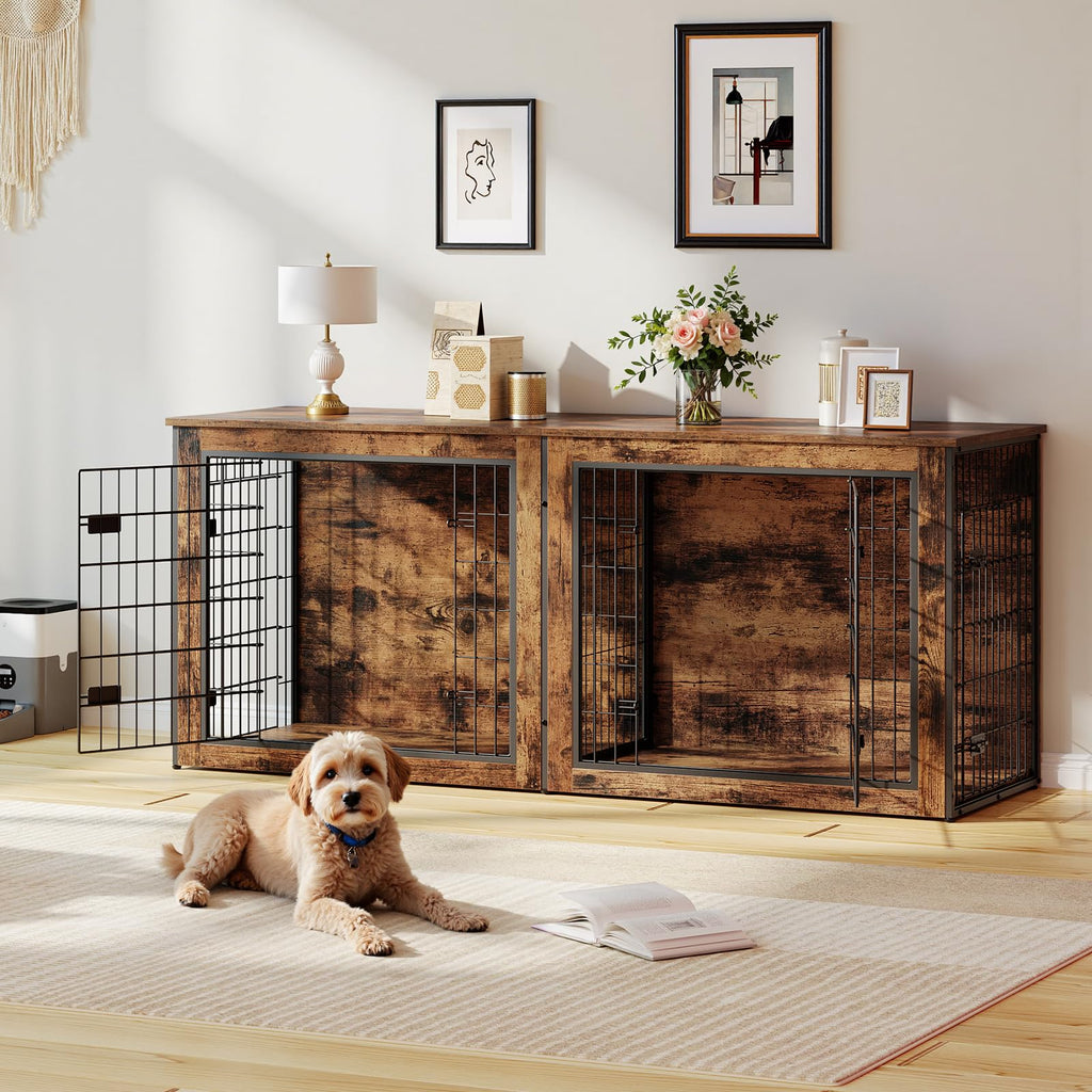 HOOBRO Dog Crate Furniture for 2 Dogs, 63" Large Double Dog Crate Furniture with Divider, Wooden Indoor Kennel TV Stand for Medium Large Dogs, Rustic Brown BF55GW03