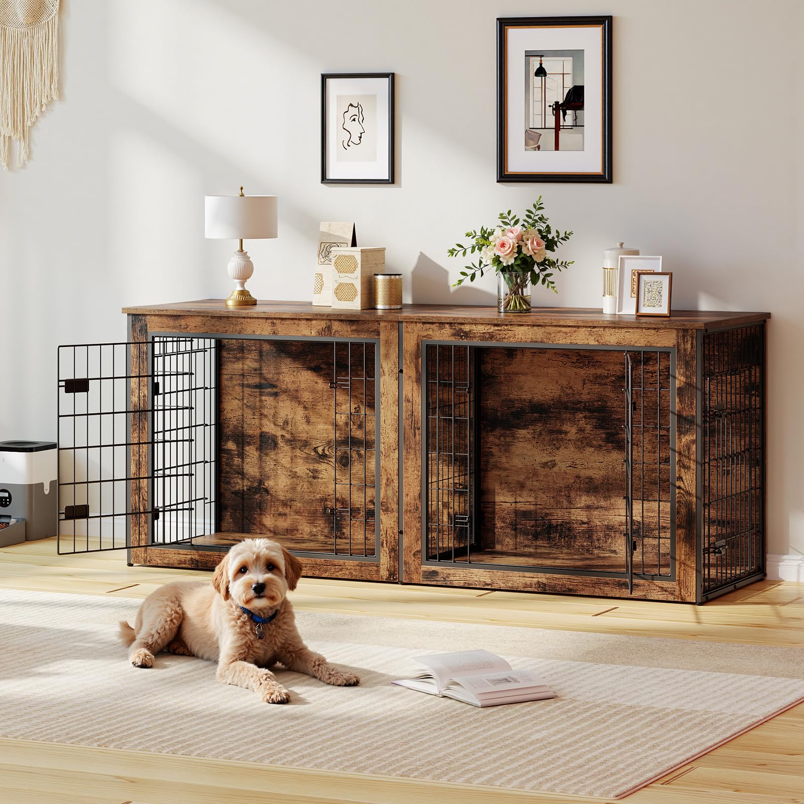 HOOBRO Dog Crate Furniture for 2 Dogs, 63" Large Double Dog Crate Furniture with Divider, Wooden Indoor Kennel TV Stand for Medium Large Dogs, Rustic Brown BF55GW03
