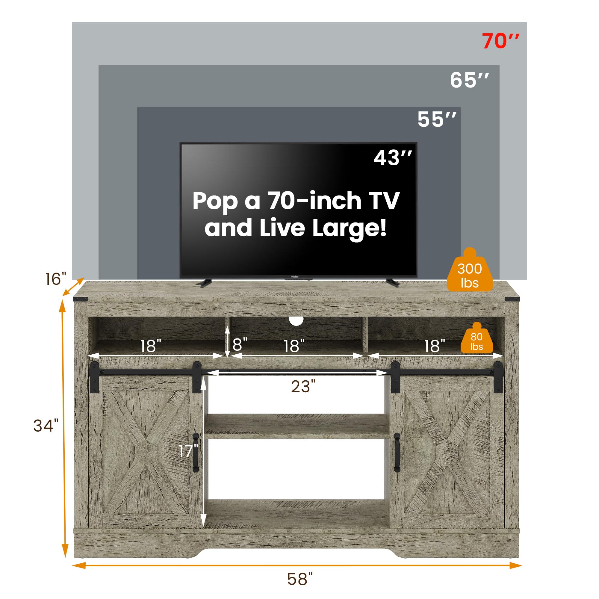 FansaFurn Farmhouse TV Stand for 65+ Inch TV, 34'' Tall Entertainment Center with Sliding Barn Doors, Rustic Wood Media Console Storage Cabinet Television Stand for Living Room, Bedroom (Black)