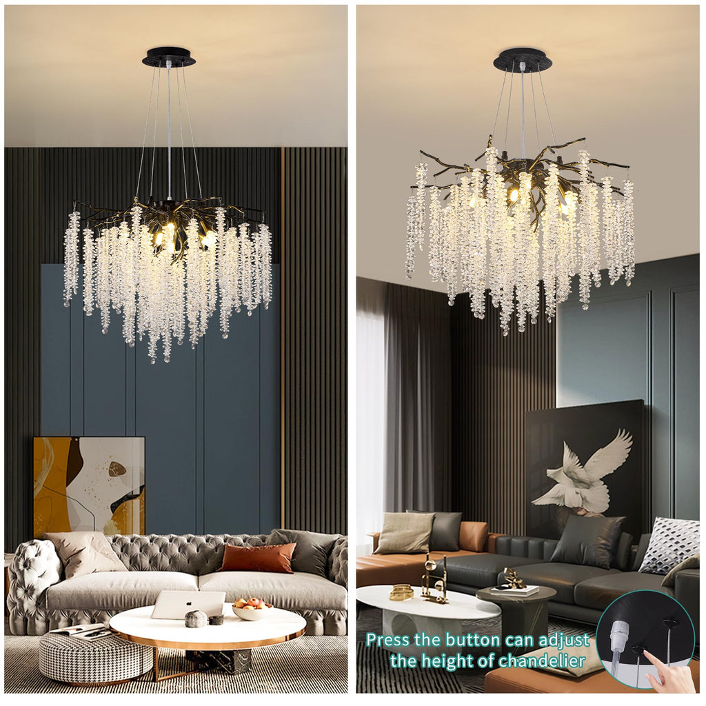 Modern Crystal Raindrop Chandelier, L40'' Black Linear Rectangle Art Deco Tree Branch Lighting Fixture for Kitchen Island Living Room Foyer Staircase 10 Lights
