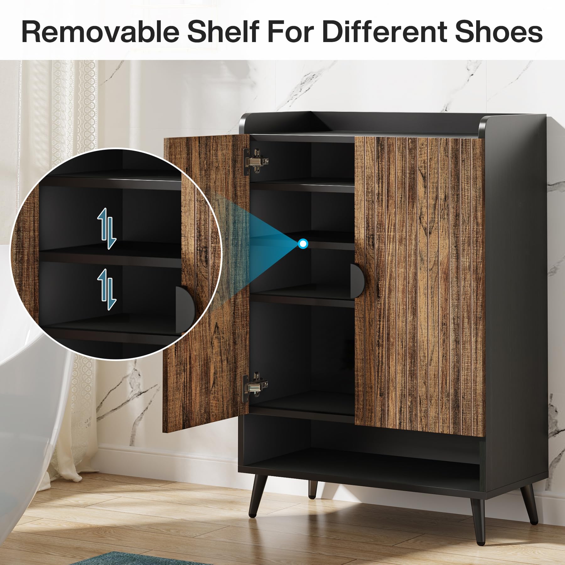 Tribesigns Shoe Cabinet with Doors, 7-Tier Shoe Storage Cabinet with Adjustable Shelves, Wooden Shoes Rack Shoe Storage Organizer for Entryway, Hallway, Closet, Living Room, Black