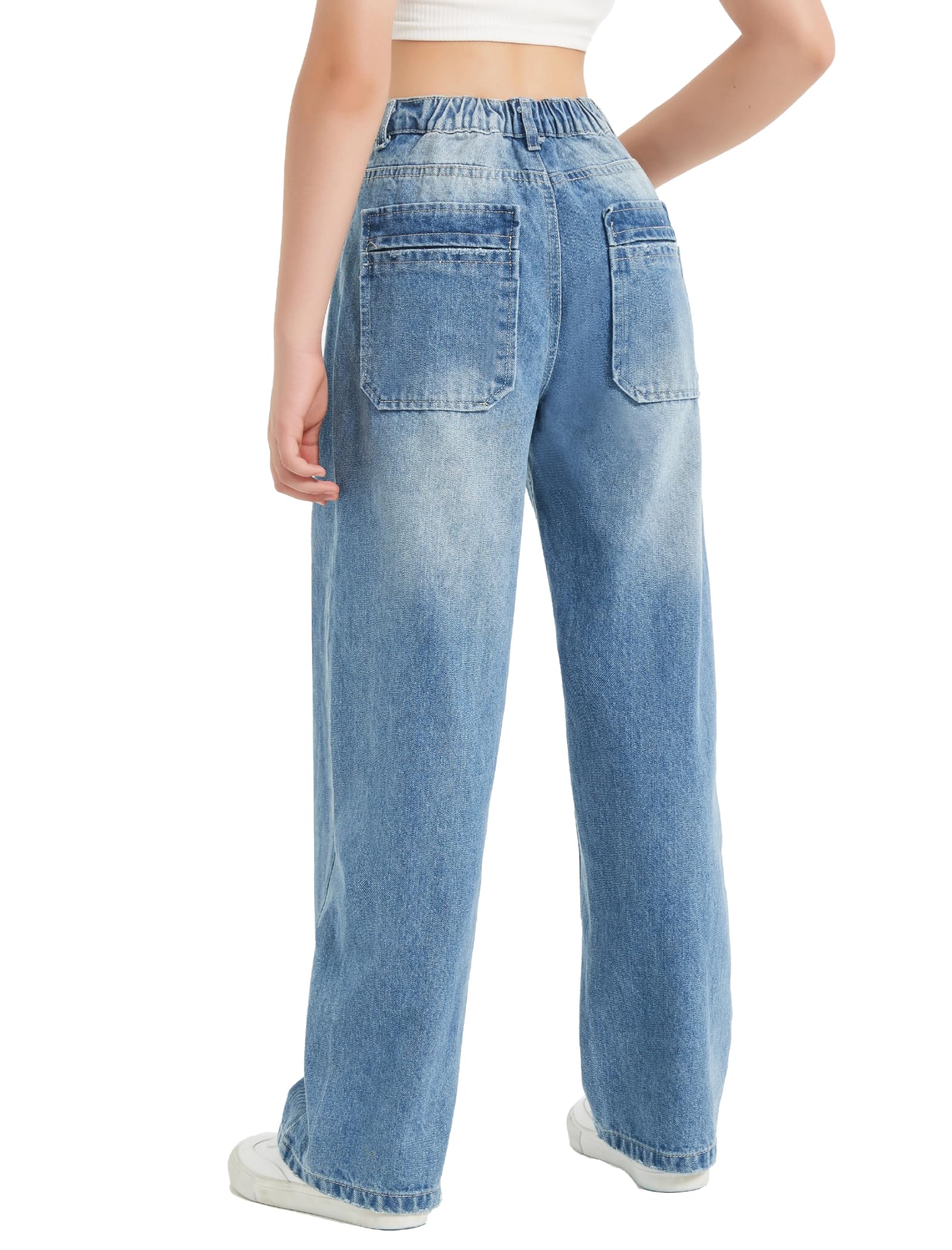EXARUS Girls Jeans Baggy Wide Leg Cute Teen Tween Long Denim Pants Clothes Tall Junior Elastic Band Pockets