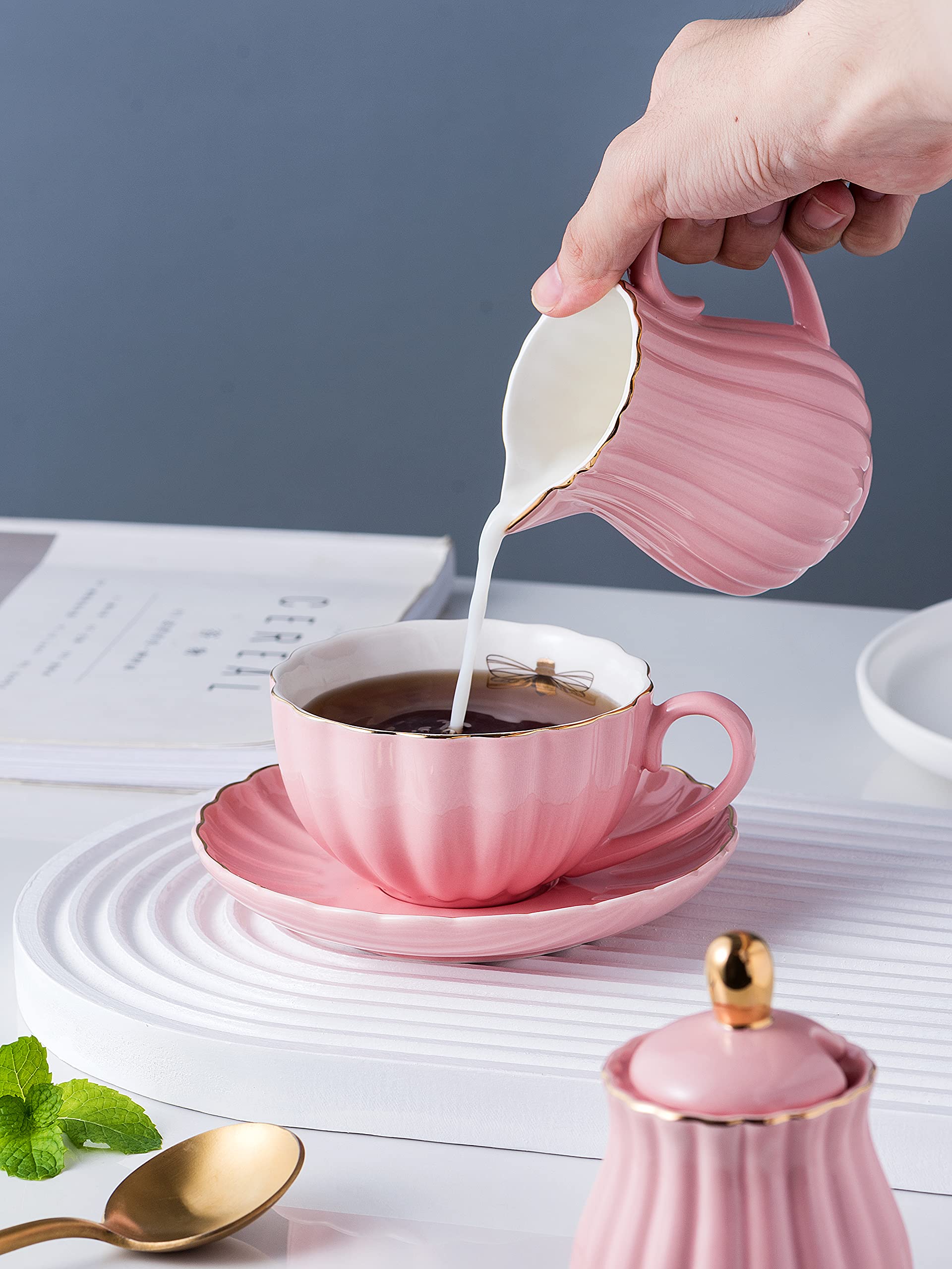Jusalpha Serve for 6- Fine China Pink Coffee Cup/Teacup Set, 8 OZ Cups& Saucer, with Teapot-Sugar Bowl-Cream Pitcher Teaspoons and tea strainer for Tea/Coffee (Lavender, Serve of 6)