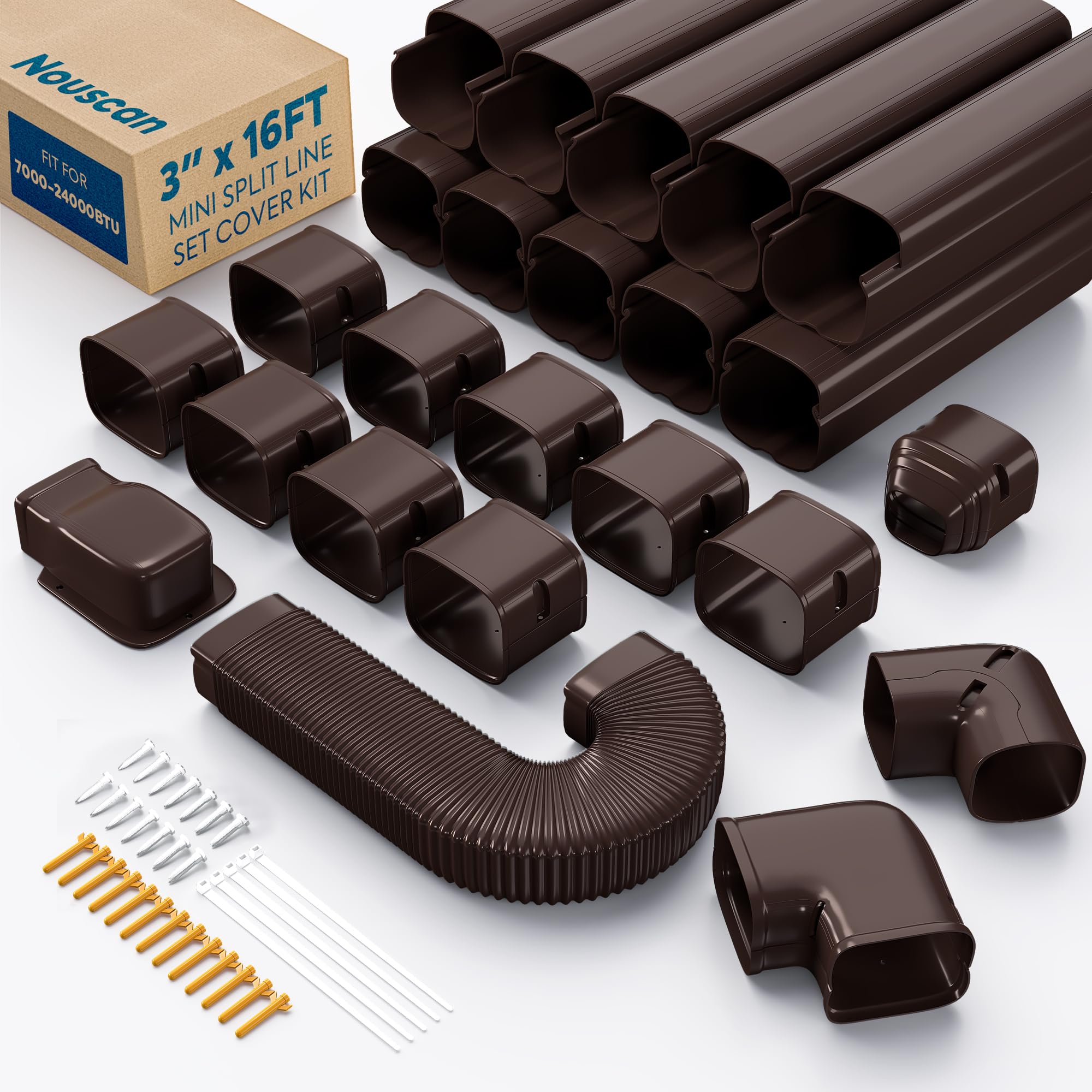 3'' x 9Ft Mini Split Line Set Cover with Flexible Duct, Upgrade PP Decorative Minisplit Lineset Cover Kit, Line Hide for Mini Split, Air Conditioner, Central AC, HVAC and Heat Pumps, Brown