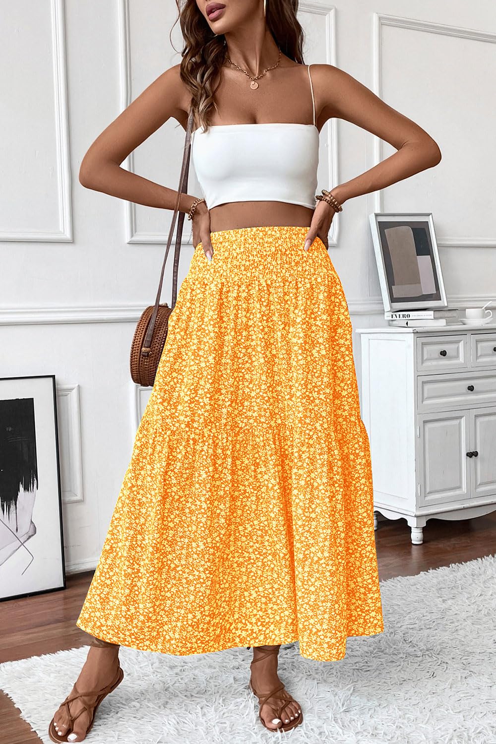 Women's Smocked High Waist Maxi Skirt Casual Boho Long Skirts with Pockets
