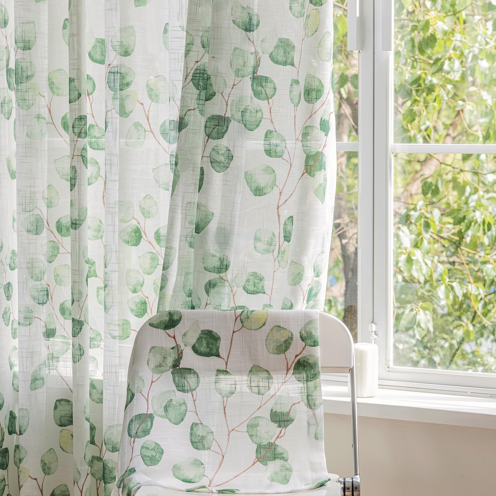 SUOUO Blue Leaf Semi Sheer White Curtains for Bedroom Dining Living Room Linen Textured 84 inches Long Rod Pocket Boho Window Drapes 2 Panels