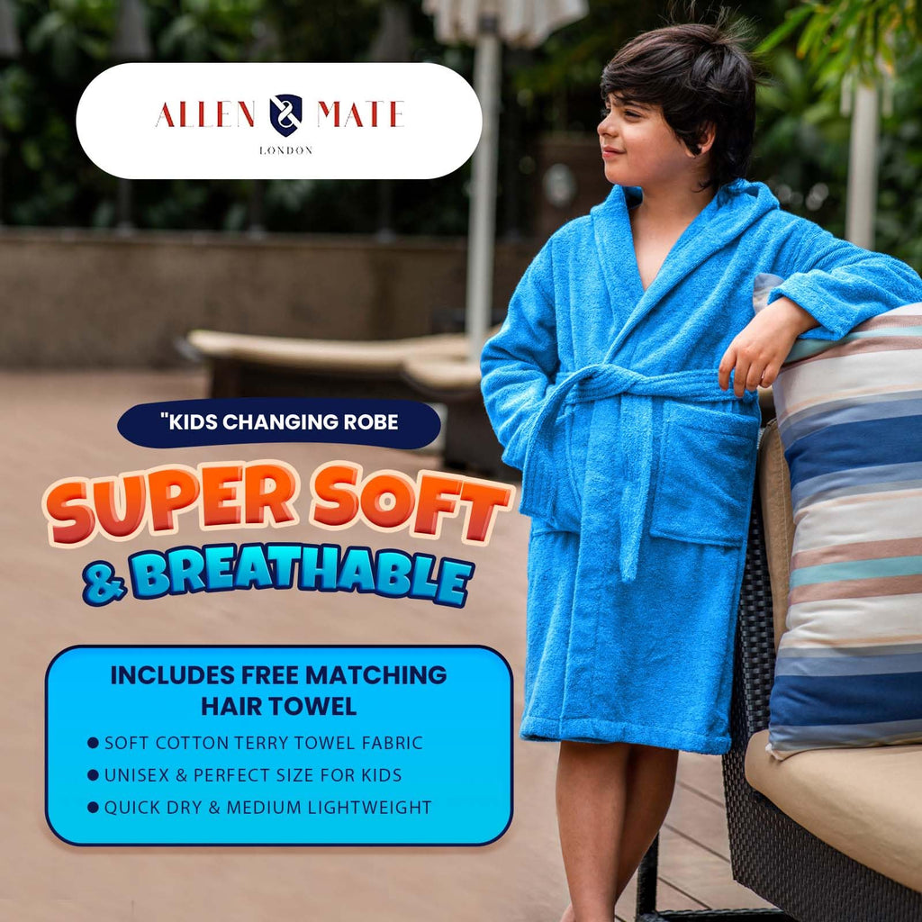ALLEN & MATE 100% COTTON Hooded Kids Bathrobe – Soft, Medium Weight Absorbent Bath Towel Robe for Boys & Girls, 6-15 Years