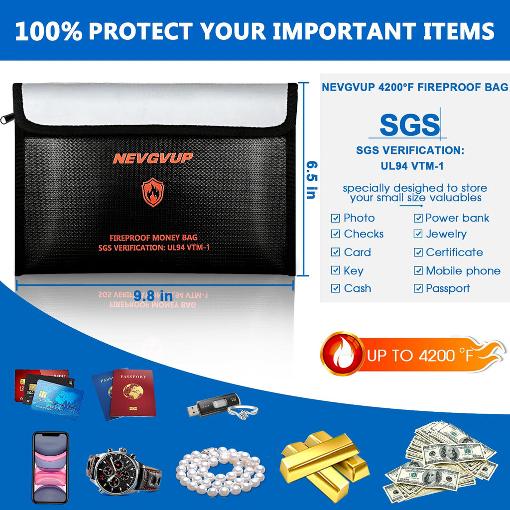 Fireproof Money Bag 4200°F - Heat Insulated, 9.8 x 6.5" Small Fireproof Document Bags with Waterproof Zipper, Fire proof Bag with Reflective Strip and Fireproofs Edeging, Fire Pouch Set for Valuables
