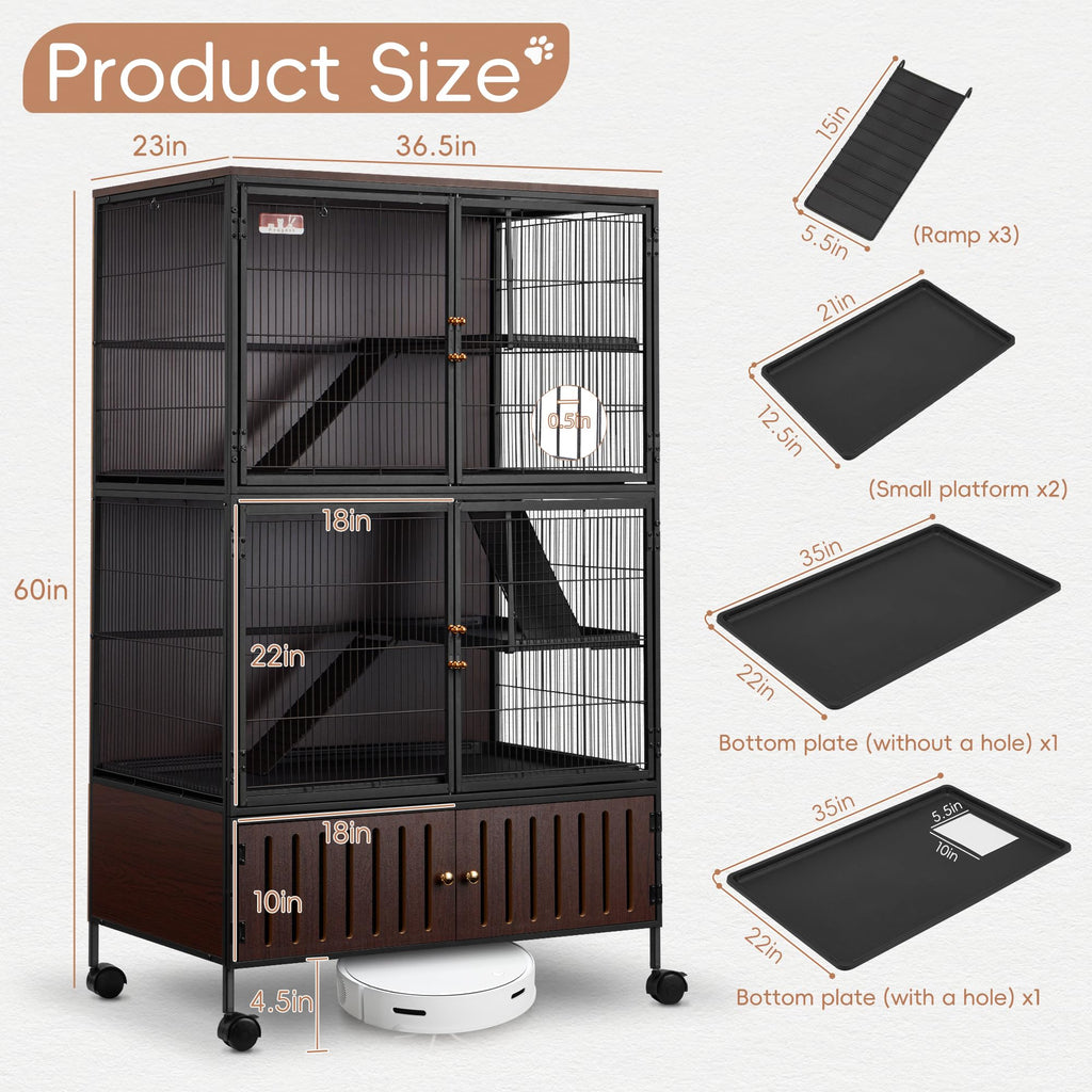 Fragess Metal Large Guinea Pig Cages 5 Levels, 60" H Rolling Ferret Cage with Removable Ramps & Double Door, Cages with Locker, Squirrel Cage Christmas Decoration Pet Crate Furniture