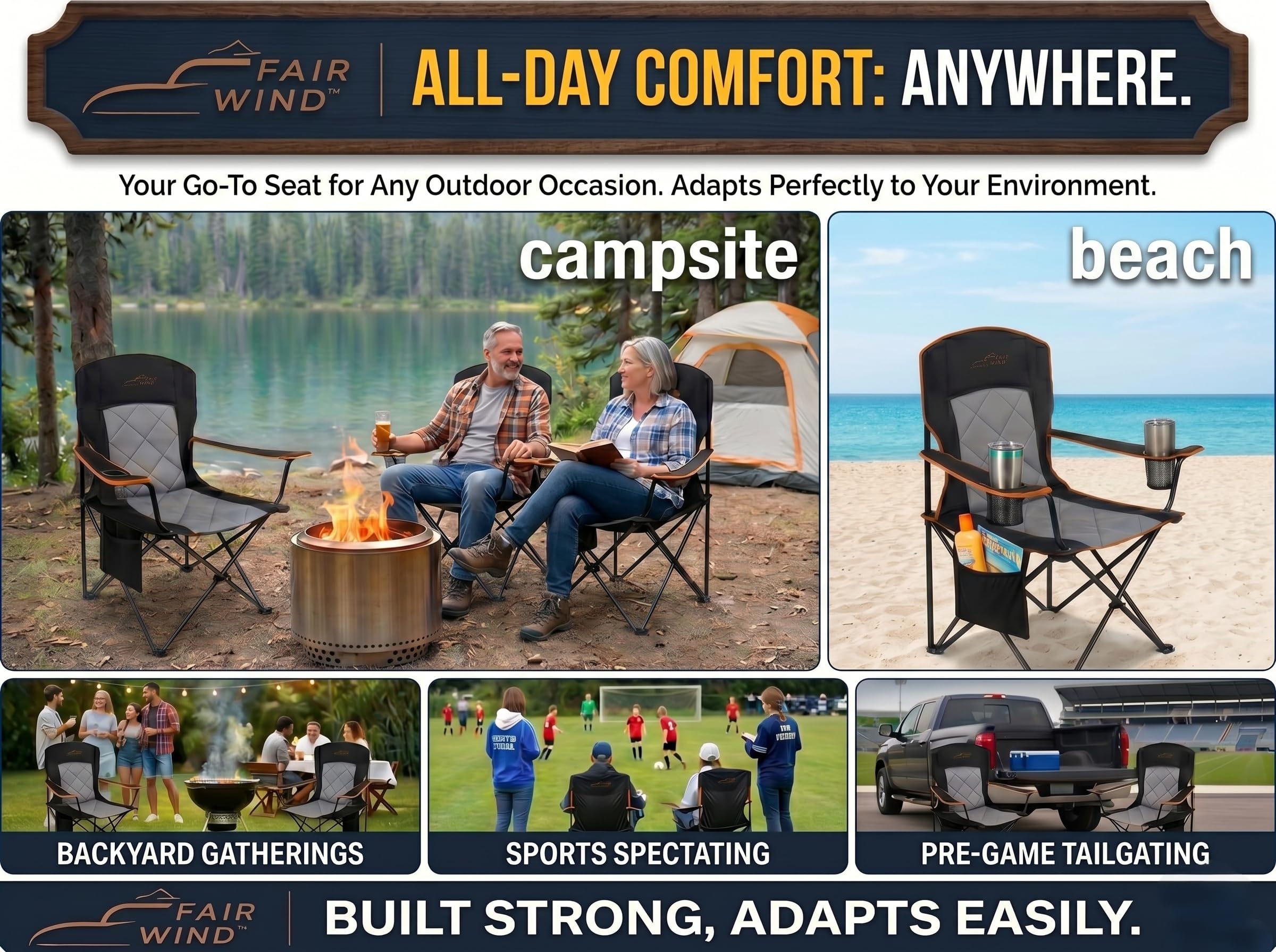 FAIR WIND Oversized Padded Camping Chair 2 Pack 350 LBS Capacity Fully Padded Lawn Quad Chair with Side Pocket & Cup Holder, Heavy Duty Lawn Chair for Outside, Tailgating, Beach, Sports