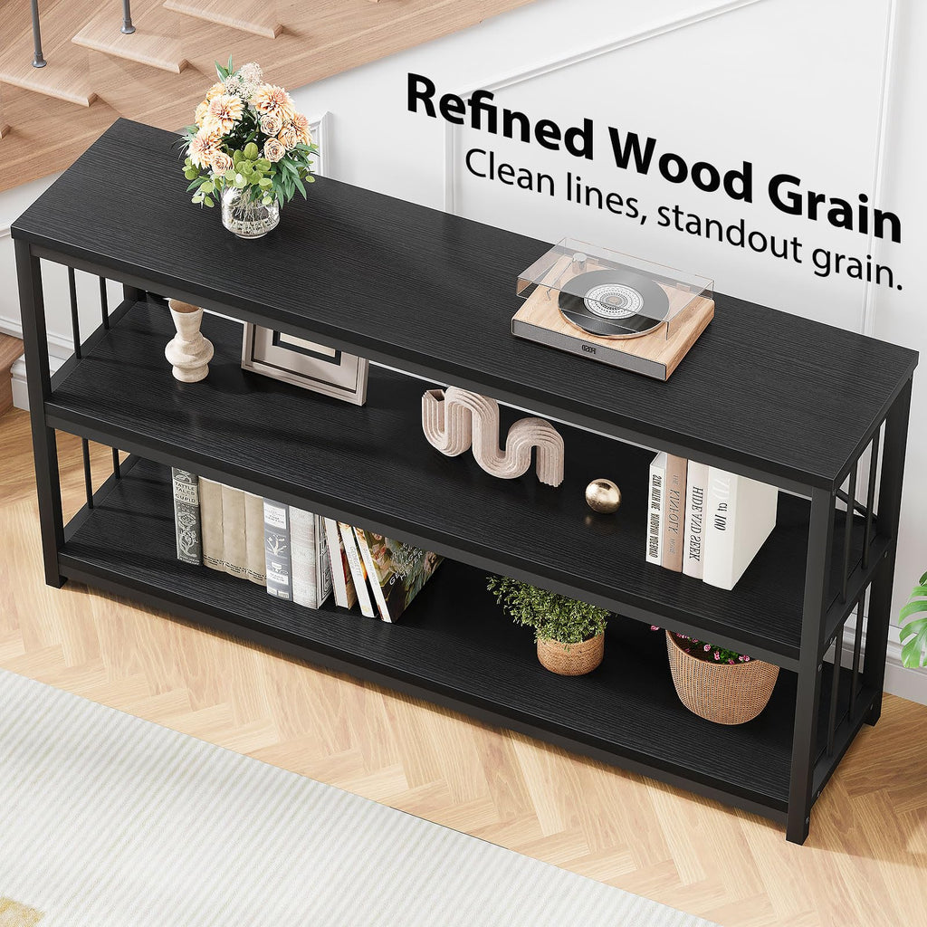 LVB Black Console Table, Modern Entryway Table for Hallway Living Room, Industrial Sofa Table Behind Couch, Farmhouse Wooden Metal Entry Table for Foyer with 3-Tier Storage Shelves, Black Oak, 55 Inch