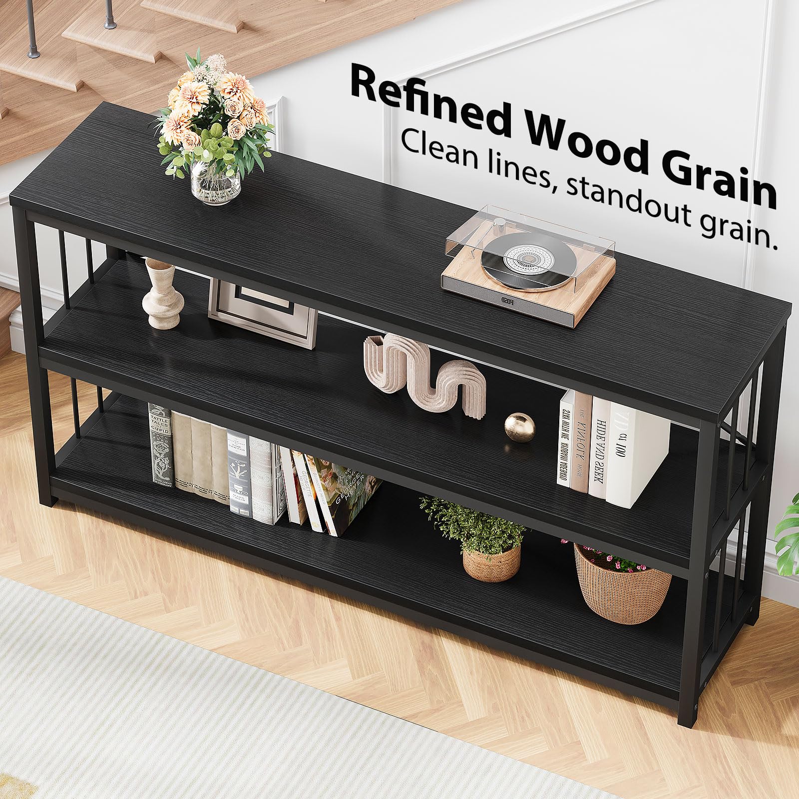 LVB Black Console Table, Modern Entryway Table for Hallway Living Room, Industrial Sofa Table Behind Couch, Farmhouse Wooden Metal Entry Table for Foyer with 3-Tier Storage Shelves, Black Oak, 55 Inch