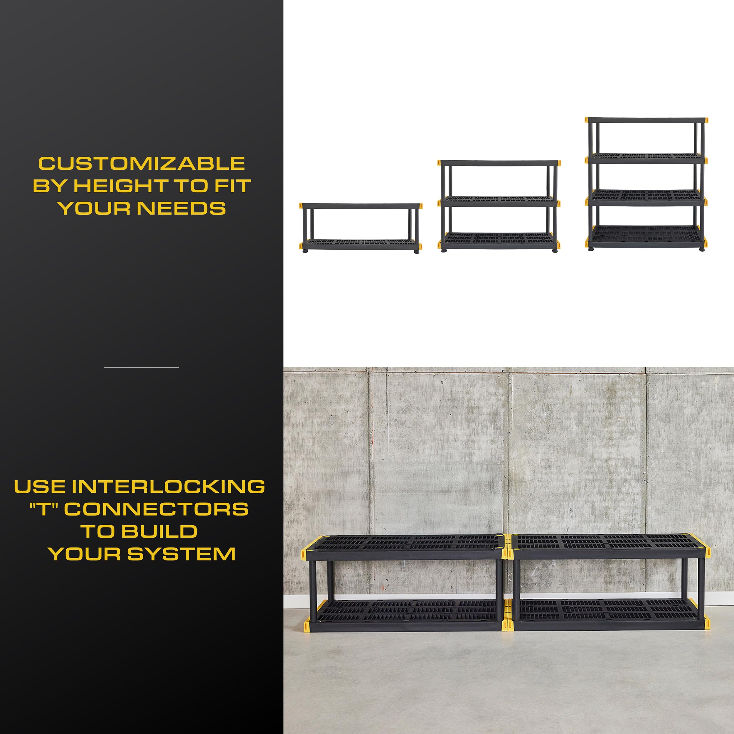 CX Black & YELLOW, Shelving Unit and Heavy Duty Storage Containers, Extremely Durable (Shelf + 27 Gallon Container (4-Pack))