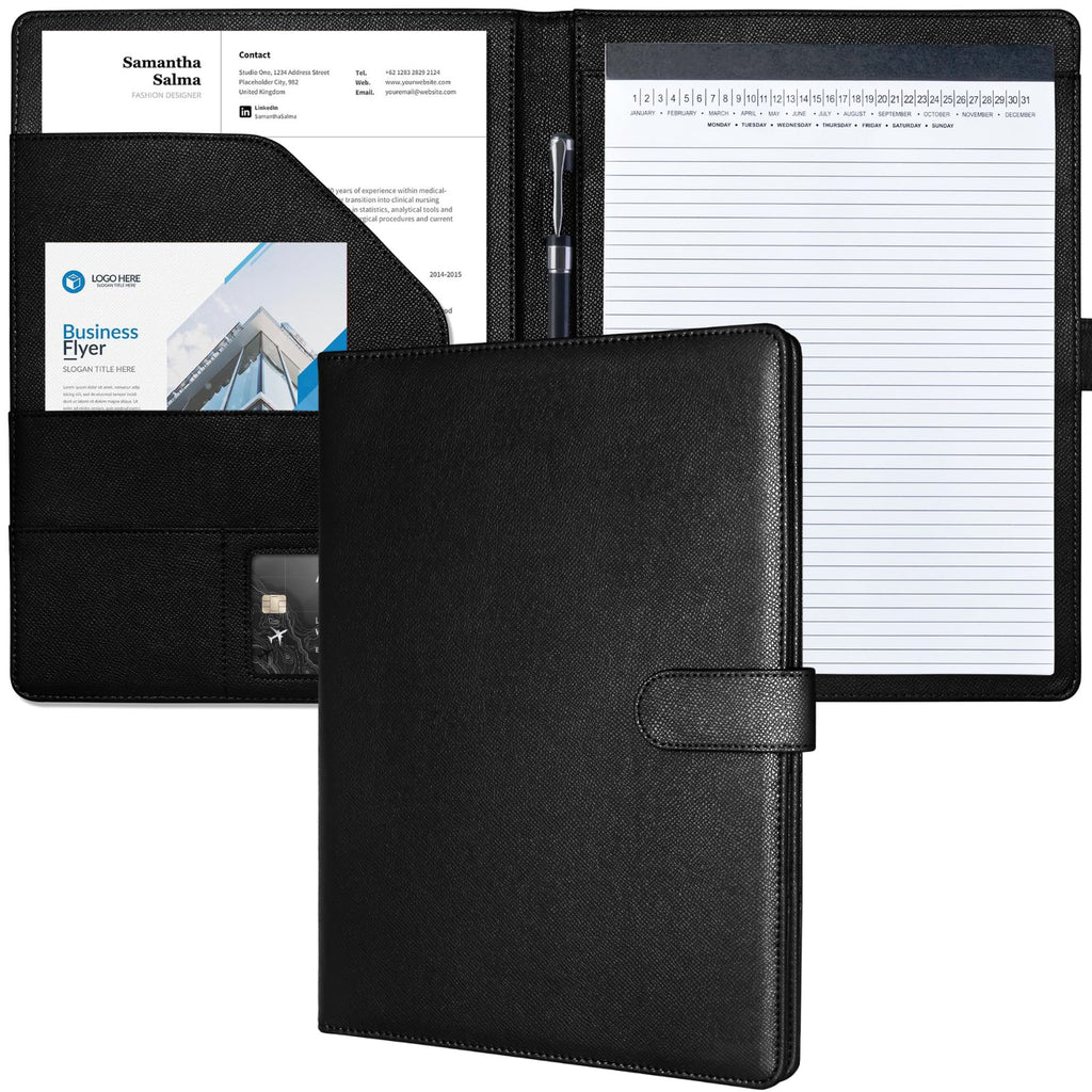 Padfolio Portfolio Resume Folder with Pocket, Premium Faux Leather Interview Writing Legal Pads Document Organizer Portfolio with Business Card Holder (Black)