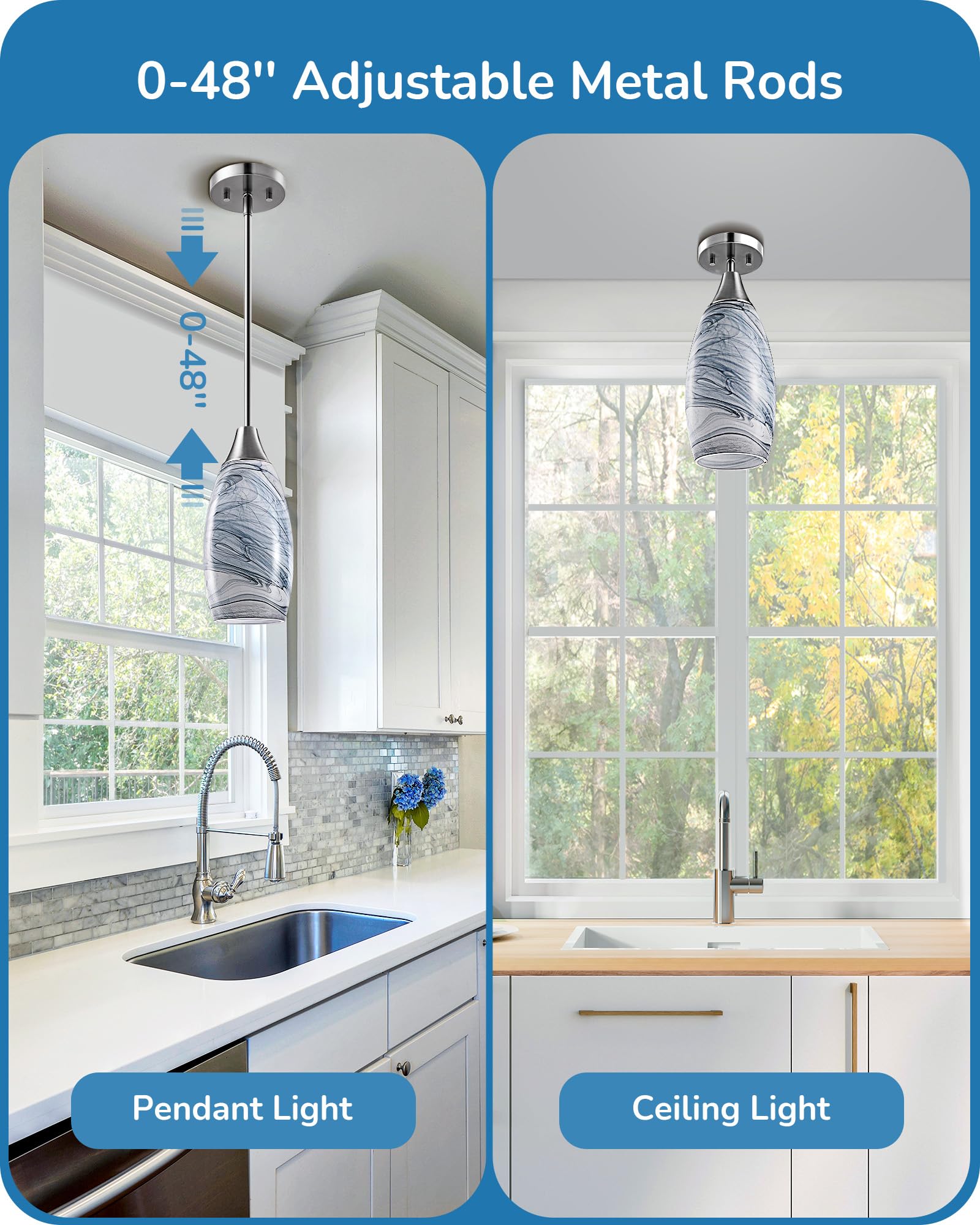 EDISHINE Pendant Light, Hand Blown Hanging Light Fixture, Adjustable Brushed Nickel Rods, 5.12" D x 11.4" H Shade, Blue Glass Pendant Lighting for Kitchen Island, Sink, Bathroom, Dining Room