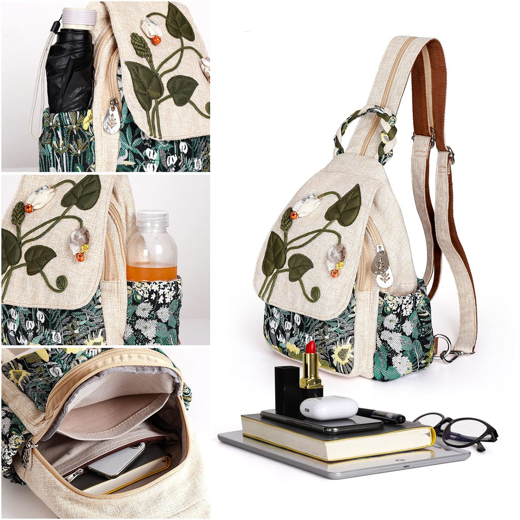 Ladys Convertible Sling Bag, Hand Craft Artisan Purse, Girls Beautiful Canvas Premium Casual Day Mini Backpack for Women (Flower Bee)