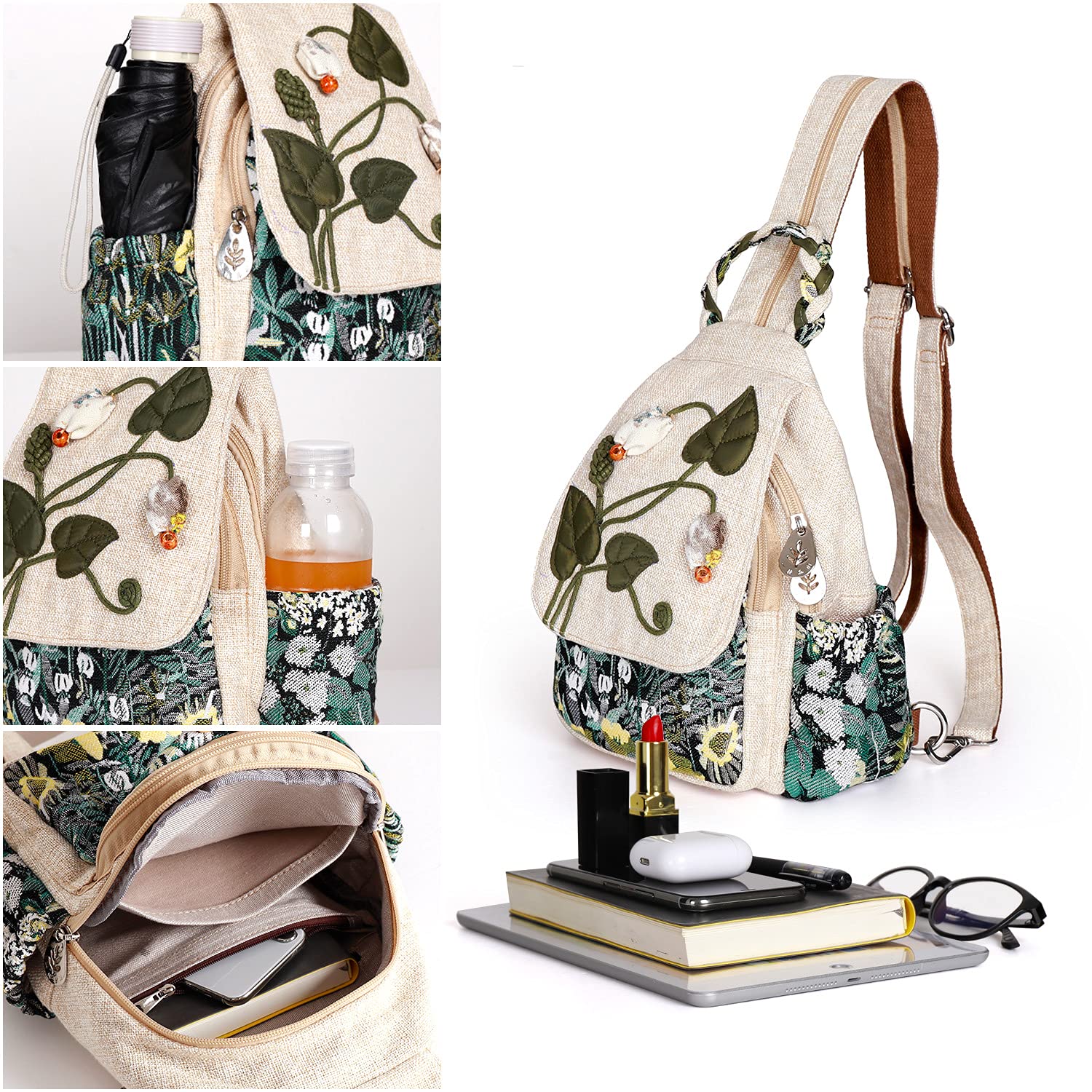 Ladys Convertible Sling Bag, Hand Craft Artisan Purse, Girls Beautiful Canvas Premium Casual Day Mini Backpack for Women (Flower Bee)