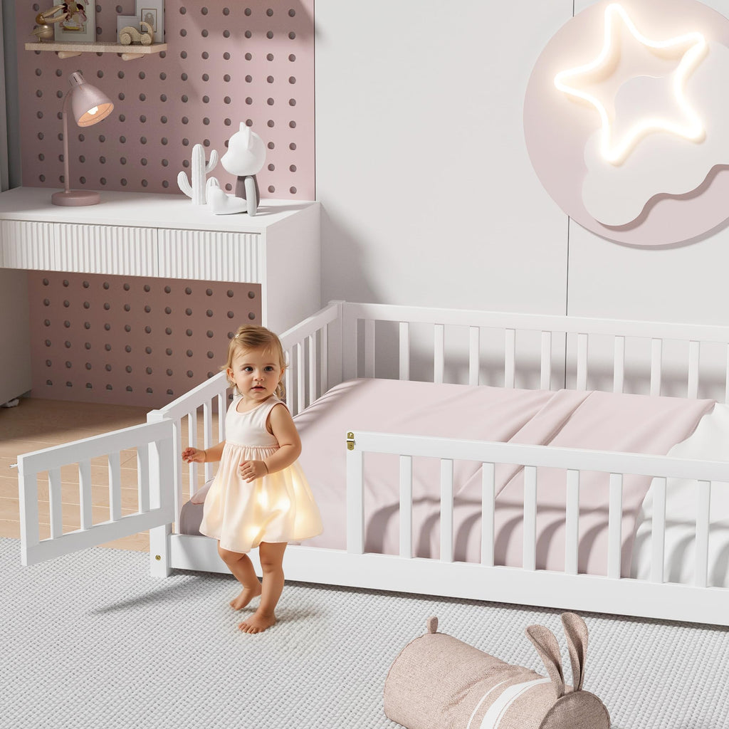 i-POOK Queen Floor Bed for Children, Sturdy Wood Montessori Bed Frame with Wood Slats, High Fence & Small Door for Girls and Boys, Espresso (with Bed Slats)