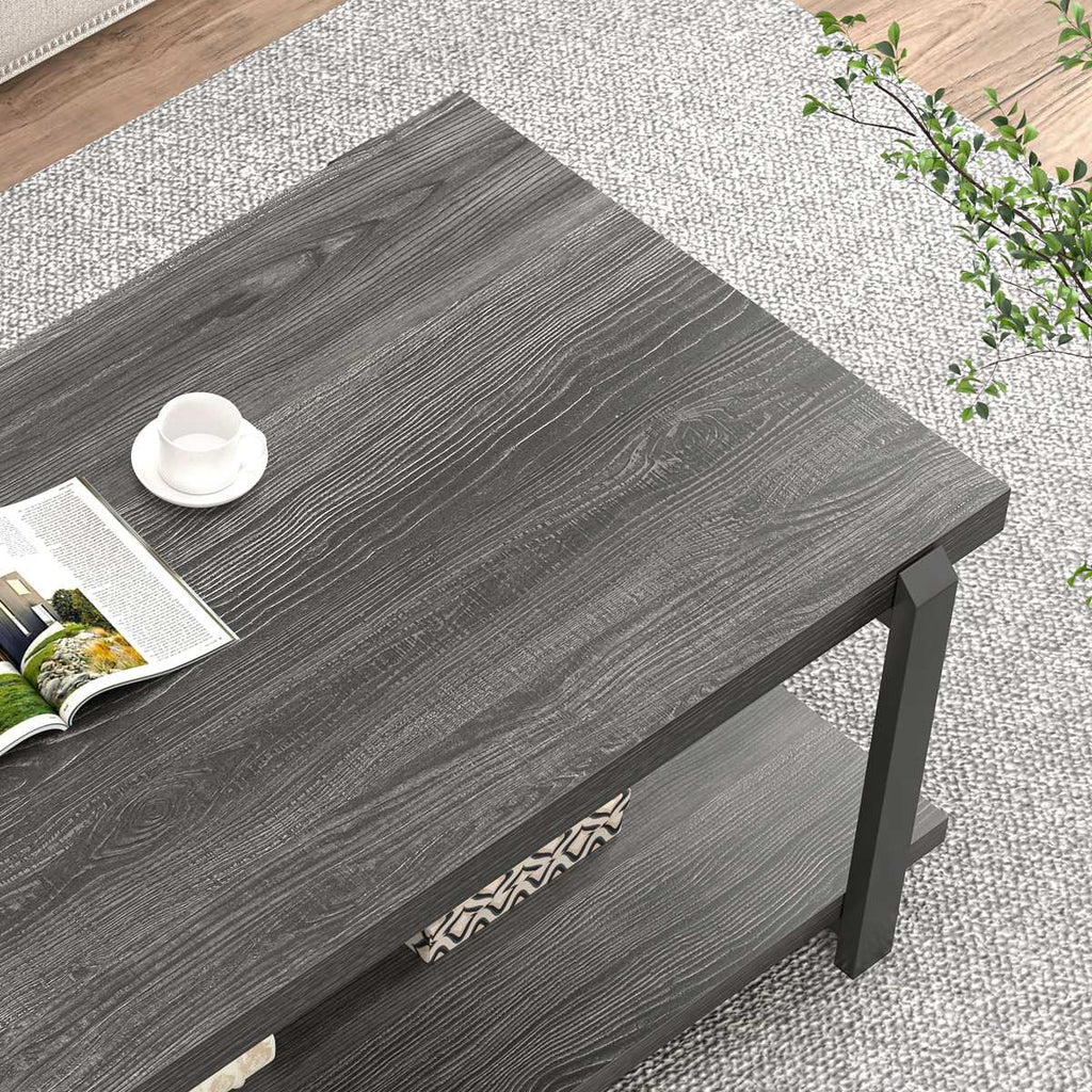 FOLUBAN Black Coffee Table, Modern Rustic Wood Center Table with Storage for Living Room, Industrial Rectangle 2 Tier Cocktail Tea Table, Black Oak