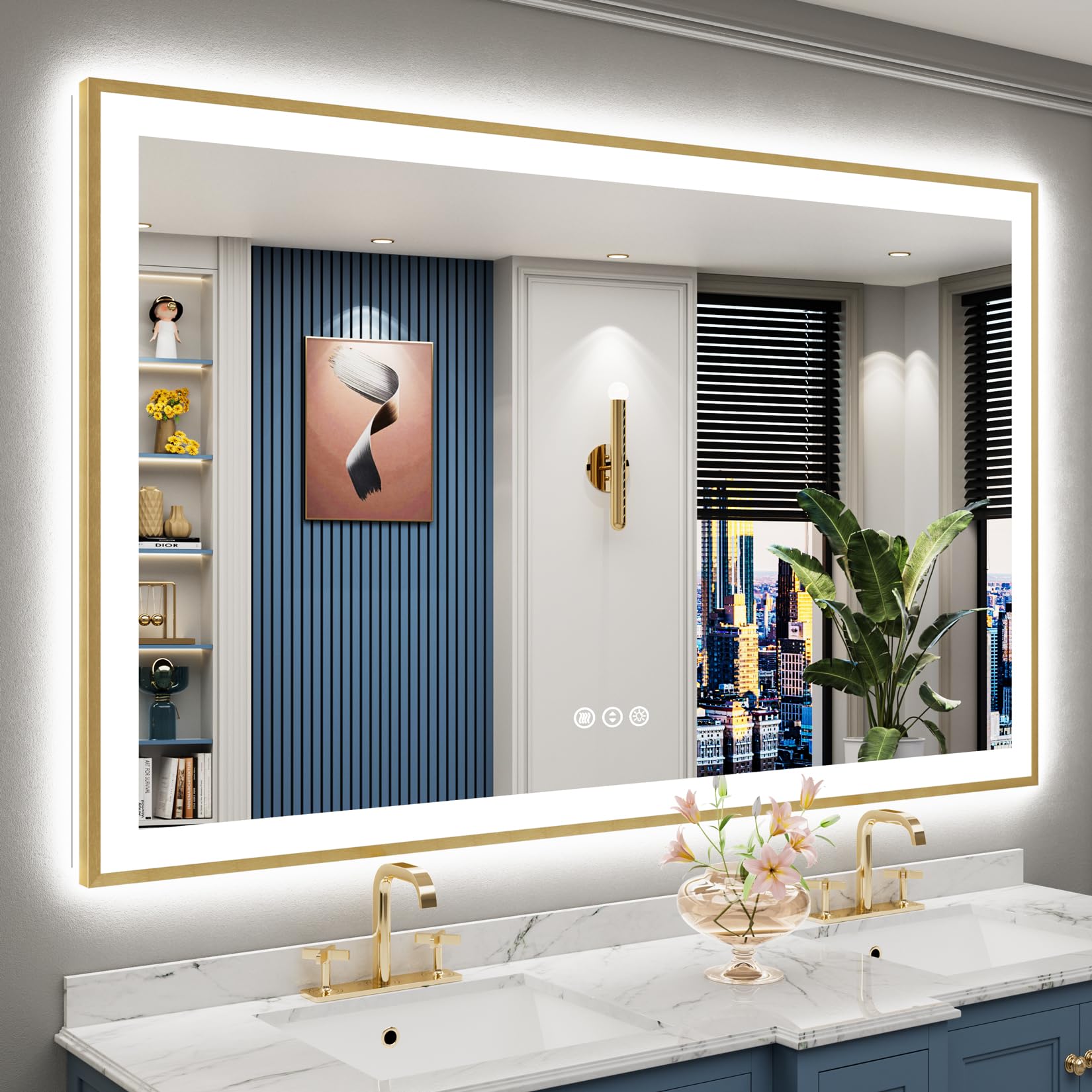 24x36 Gold Beveled LED Bathroom Mirror with Lights, Brushed Gold Framed Backlit and Front Lit Anti-Fog Lighted Vanity Mirrors for Bathroom Wall, Dimmable, 3 Colors, Memory, HD Tempered Glass
