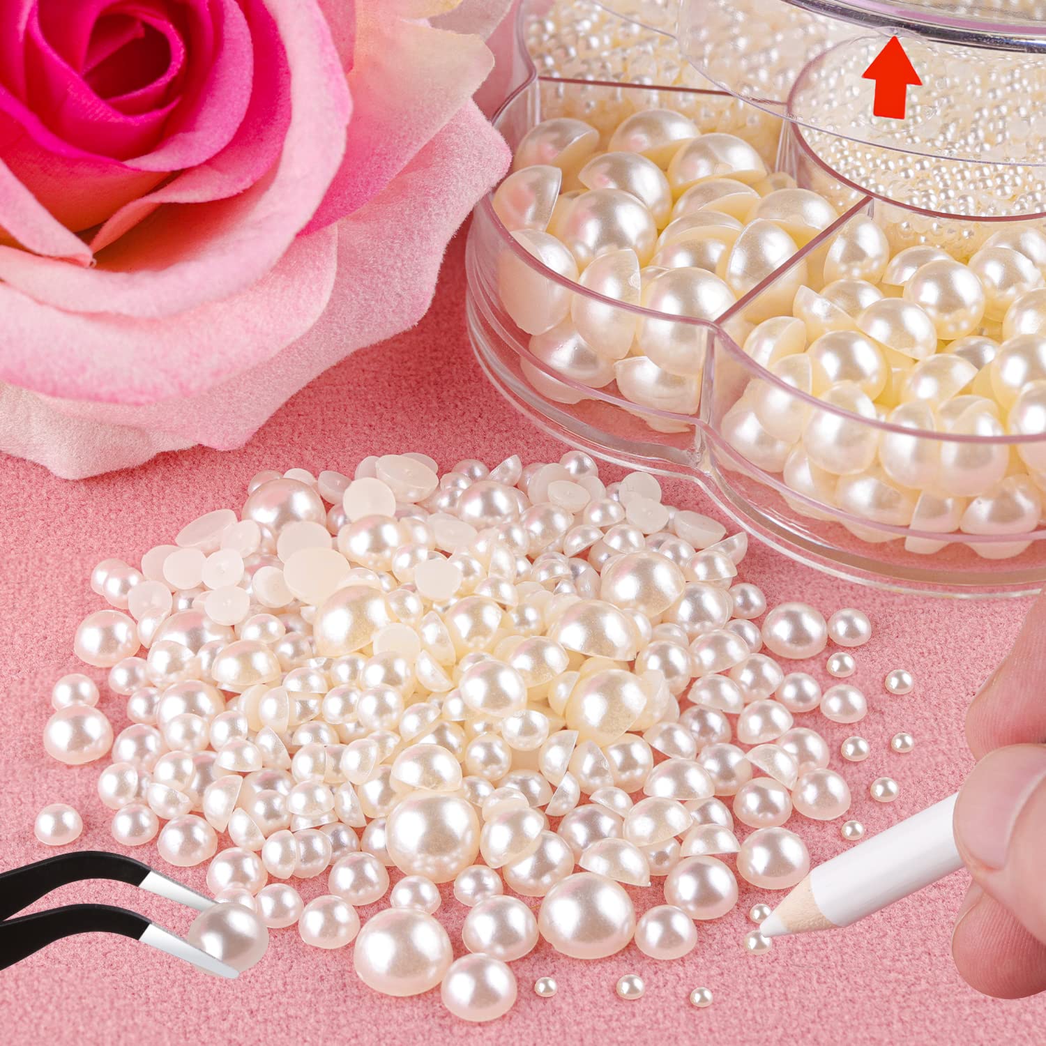 BELLEBOOST 5600pcs ABS Round Flat Back Beige Pearls Kit with Pickup Tools for Nail Art, Face, Body Decorations