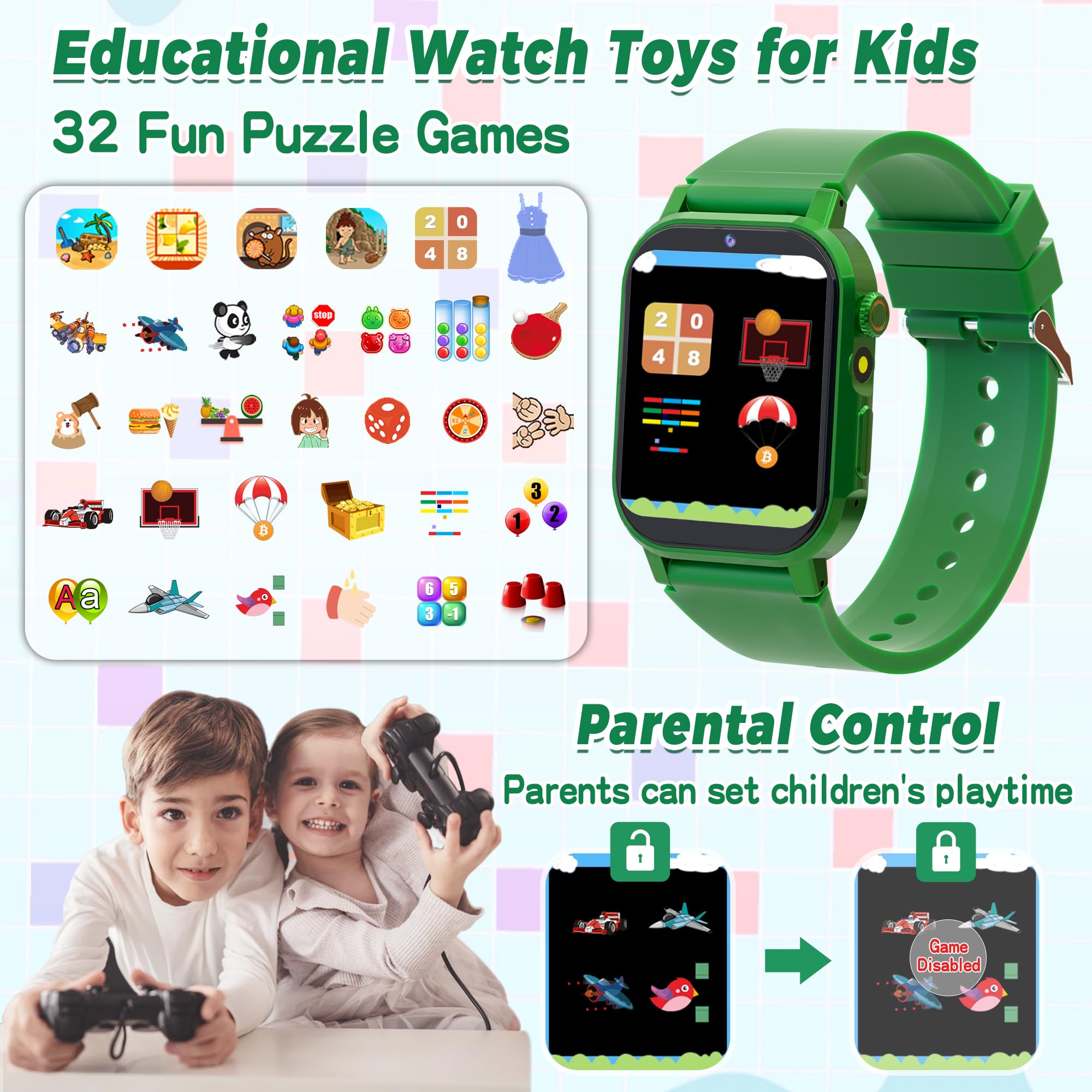 Kids Smart Watch Boys, Kids Game Smart Watch with 32 Games HD Touch Screen Video Camera Music Player Audiobooks Pedometer Flashlight Alarm Clock 12/24 hr, Toys Gift for 3-12 Years Old Boys Girls
