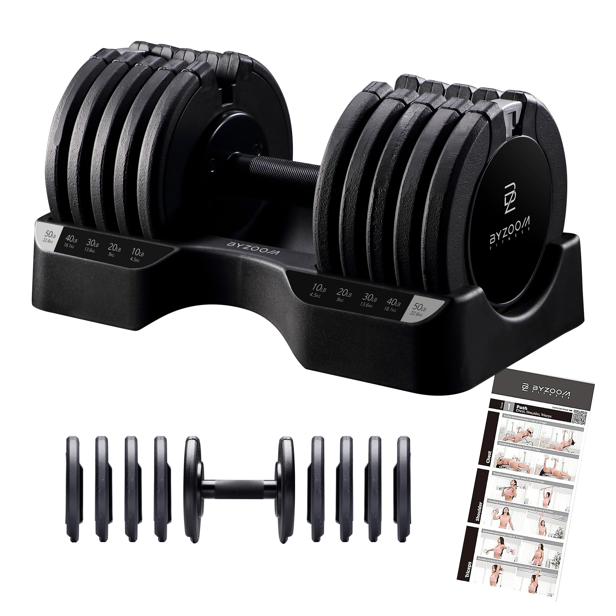 BYZOOM FITNESS Pure Series Adjustable Dumbbell - 12.5/25/27.5/50/55/75lb - ONE UNIT OR PAIR(check QTY before purchase) - 5-in-1/ 10-in-1 / 15-in-1 / 21-in-1 Flexible Hand Weights for Home Apartment Garage Gym, Strength Training & Fitness Workouts, White O