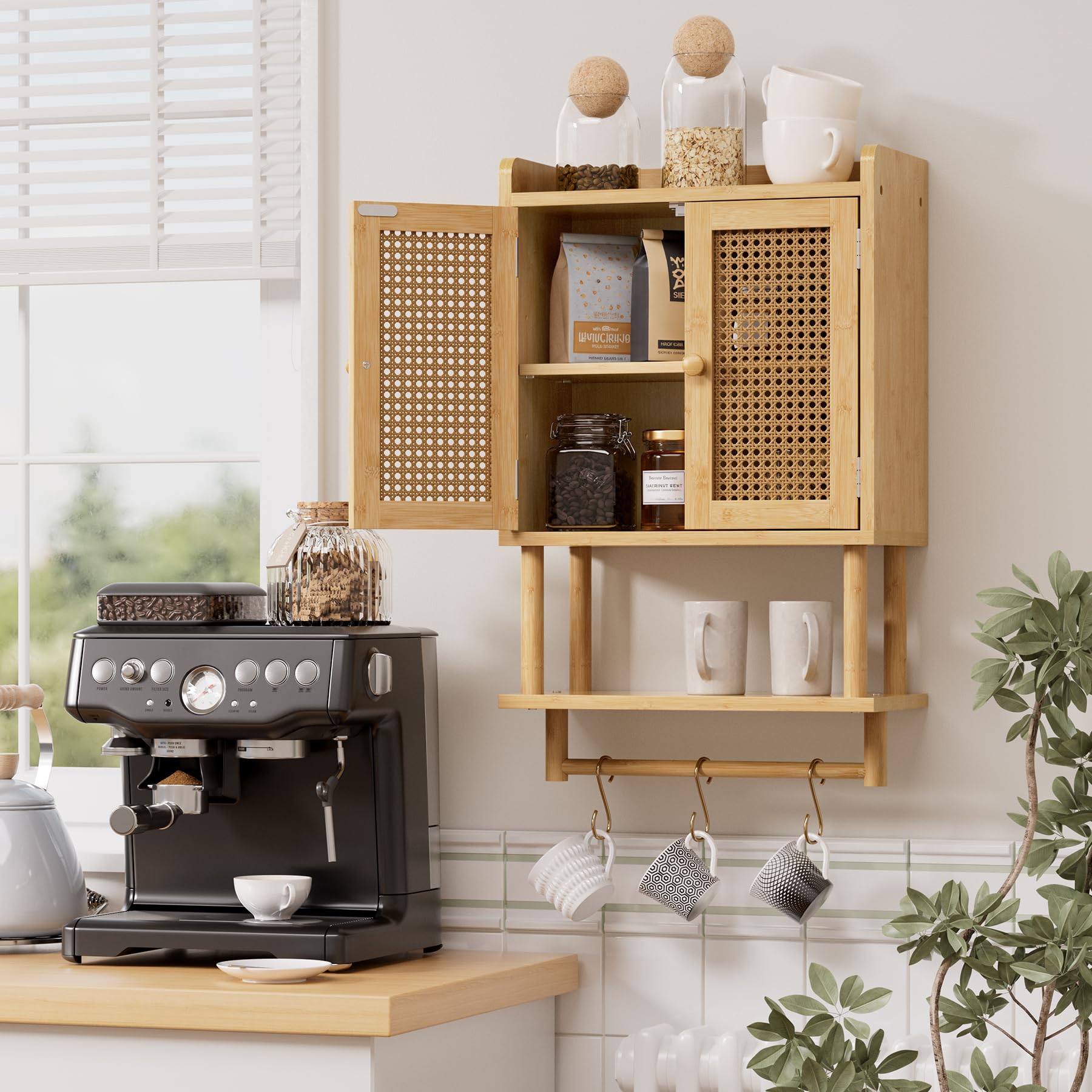 AmazerBath Bathroom Wall Cabinets, Bamboo Medicine Cabinet with Rattan Door, Over The Toilet Storage Cabinet with Towel Bar, Wall Mounted Cabinet with Adjustable Shelves for Small Spaces