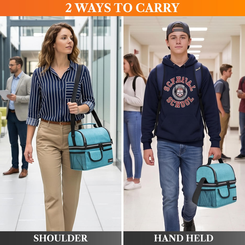 opux Insulated Lunch Bag Women Men, Dual Compartment Leakproof Lunch Box Adults Kids, Double Decker Meal Prep Bento Lunch Cooler Tote with Shoulder Strap for Work Office School Travel, Black